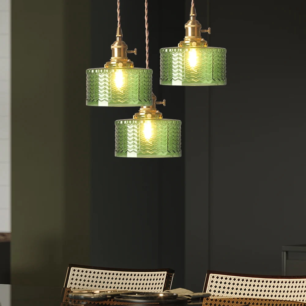 Arturesthome Vintage Glass Pendant Light, Wavy Cylinder Hanging Lamp for Kitchen Island (Green, 8 in) 4xqx1