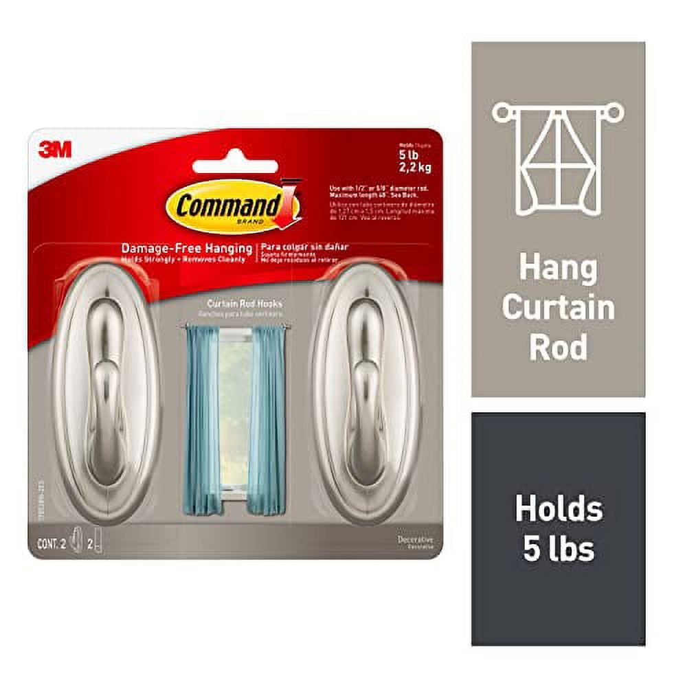 Command Curtain Rod Hooks, Damage-Free Wall Mount, Brushed Nickel (2 Pack) boiui