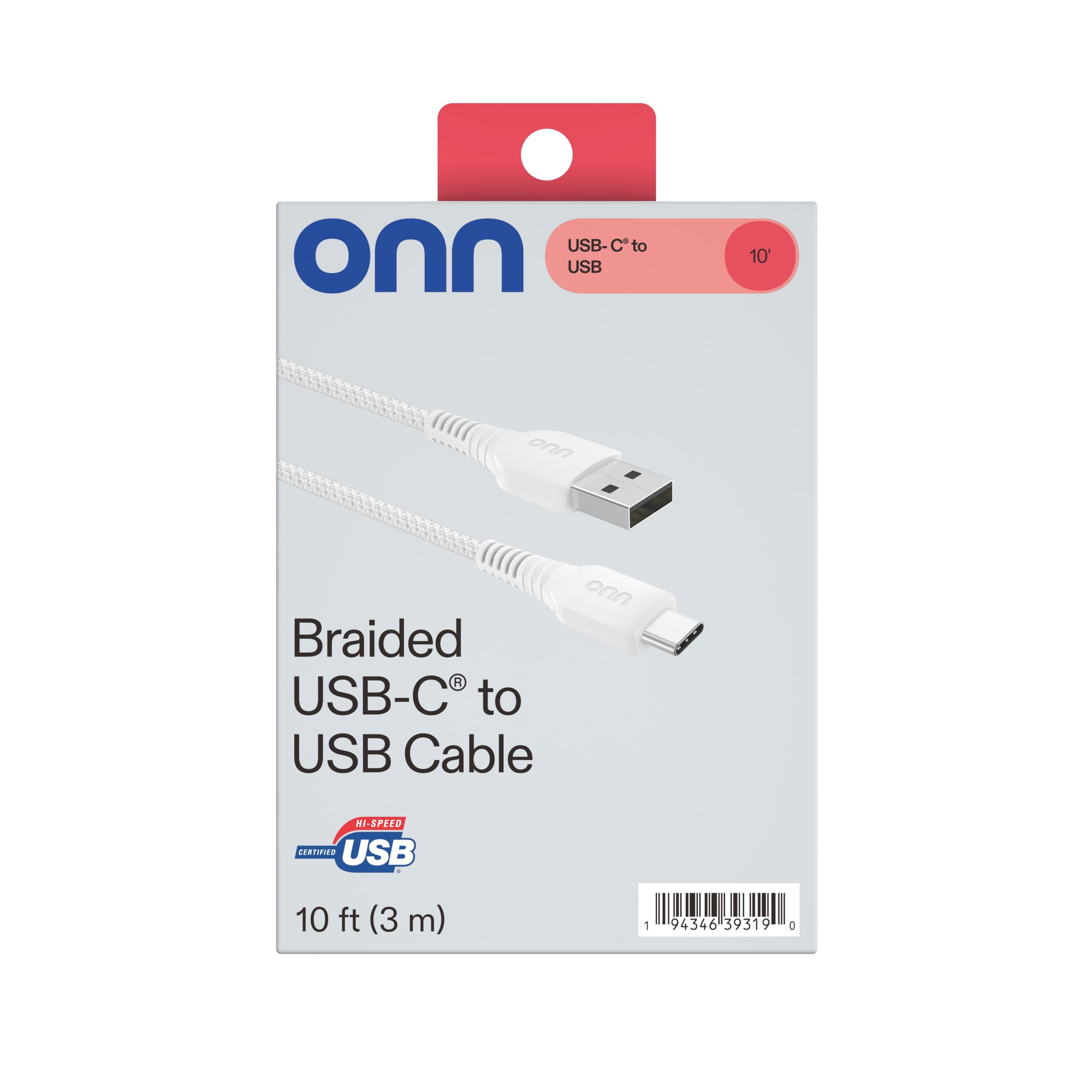 onn USB-C to USB-A Braided Charging Cable, High-Speed Data Sync and Durable Cord (White, 10 ft) t75sj