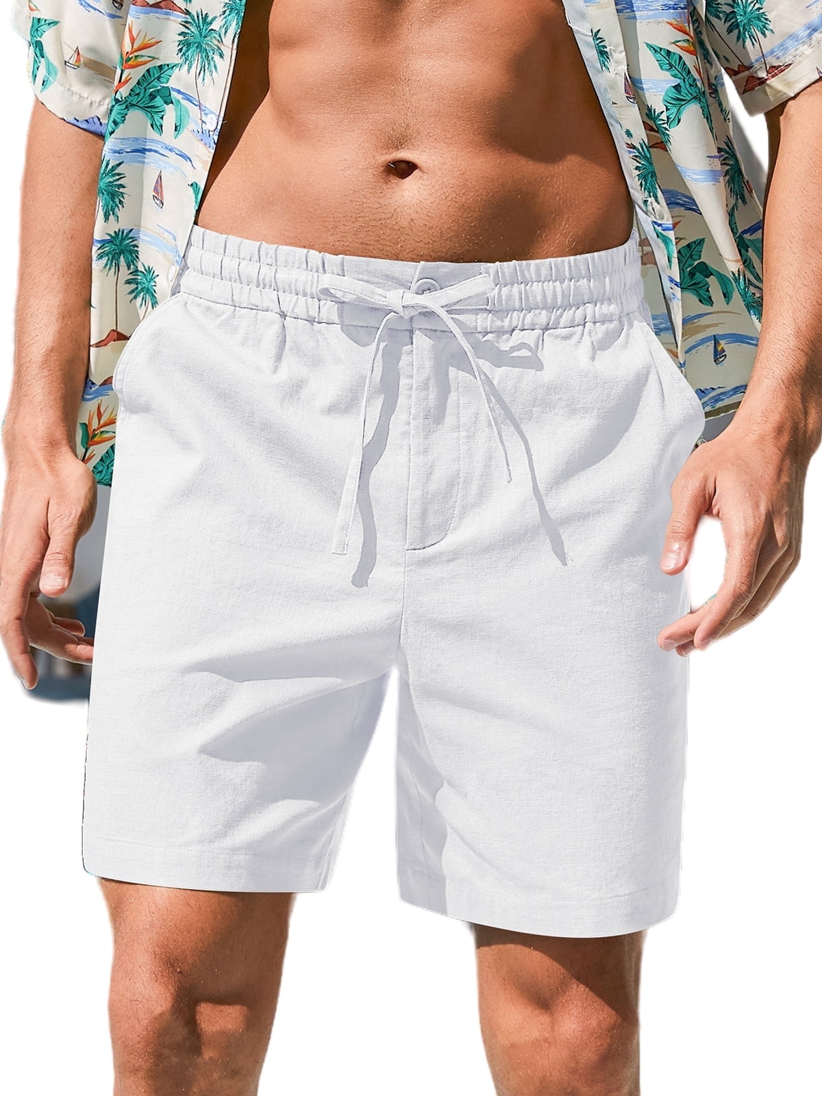 Iceglad Mens Cotton Linen Shorts Casual Summer Beach Drawstring Shorts (White, Large) eqllz