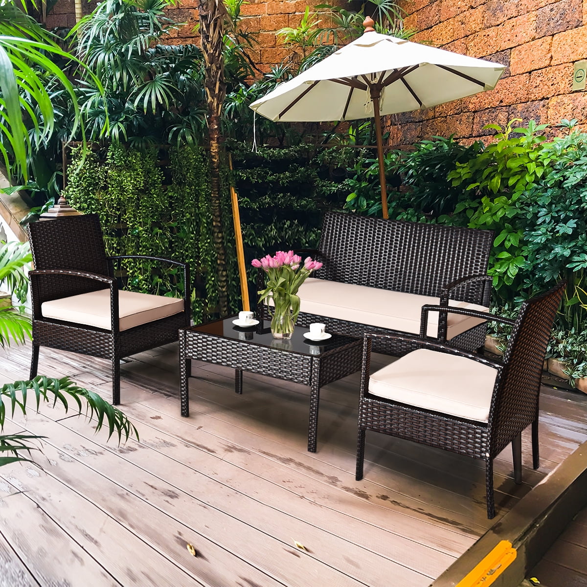 Costway 4-Piece Patio Rattan Conversation Furniture Set with Cushions and Glass Table (Brown, 4-Piece Set) y3b9y