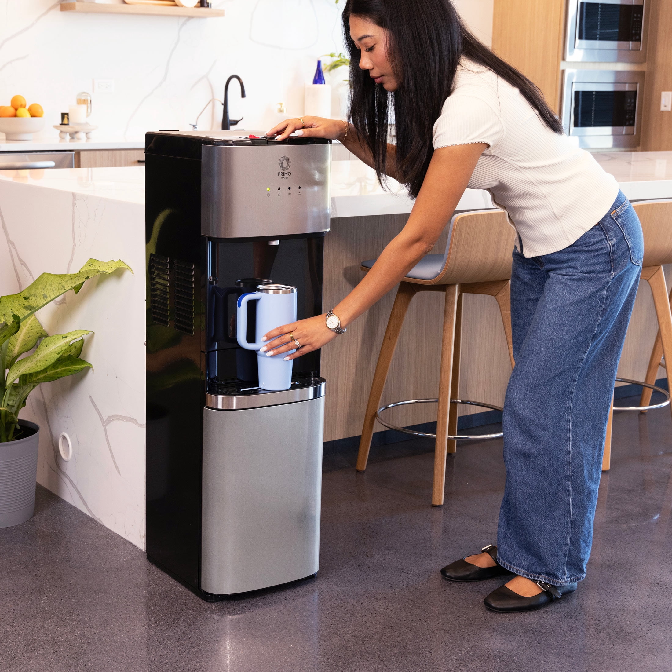 Primo Deluxe Bottom Load Water Dispenser, Hot Cold and Room Temperature (Black and Stainless, 5 gal) ay0sy