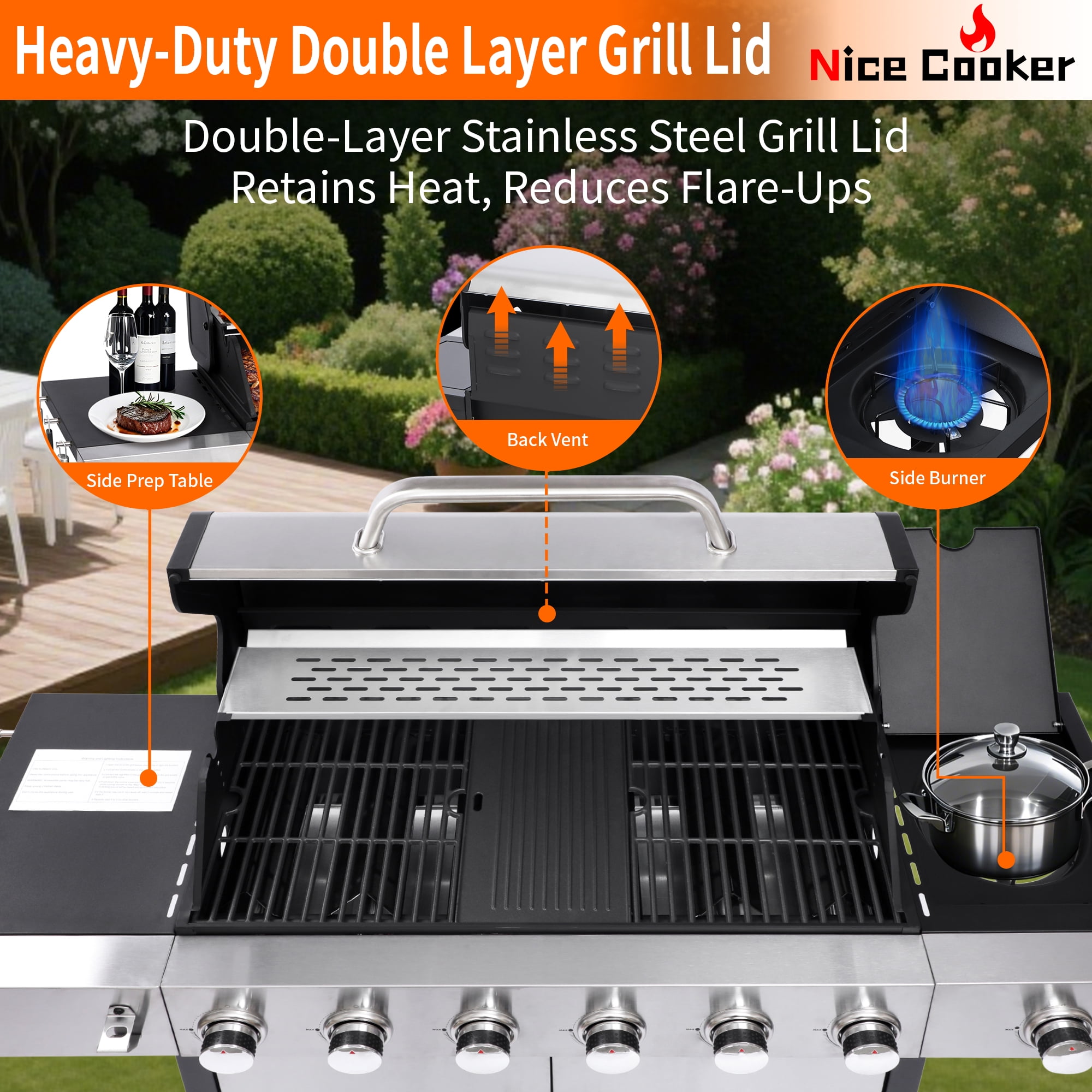 Nice Coker 6-Burner Propane Gas BBQ Grill with Side Burner (Silver, 620 sq. in.) a901x