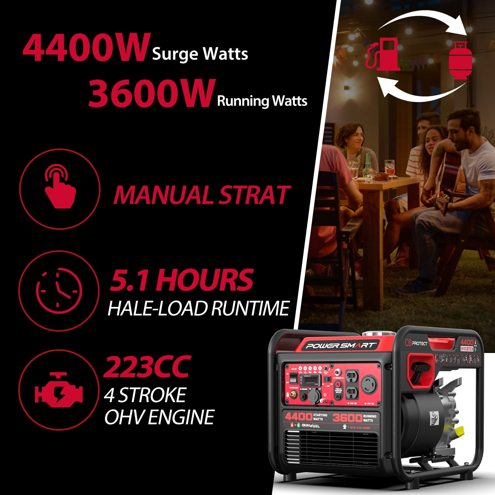 PowerSmart 4400-Watt Dual Fuel Portable Generator with CO Sentry (Gas/Propane, 20.3 fl oz Oil Capacity) thdwg