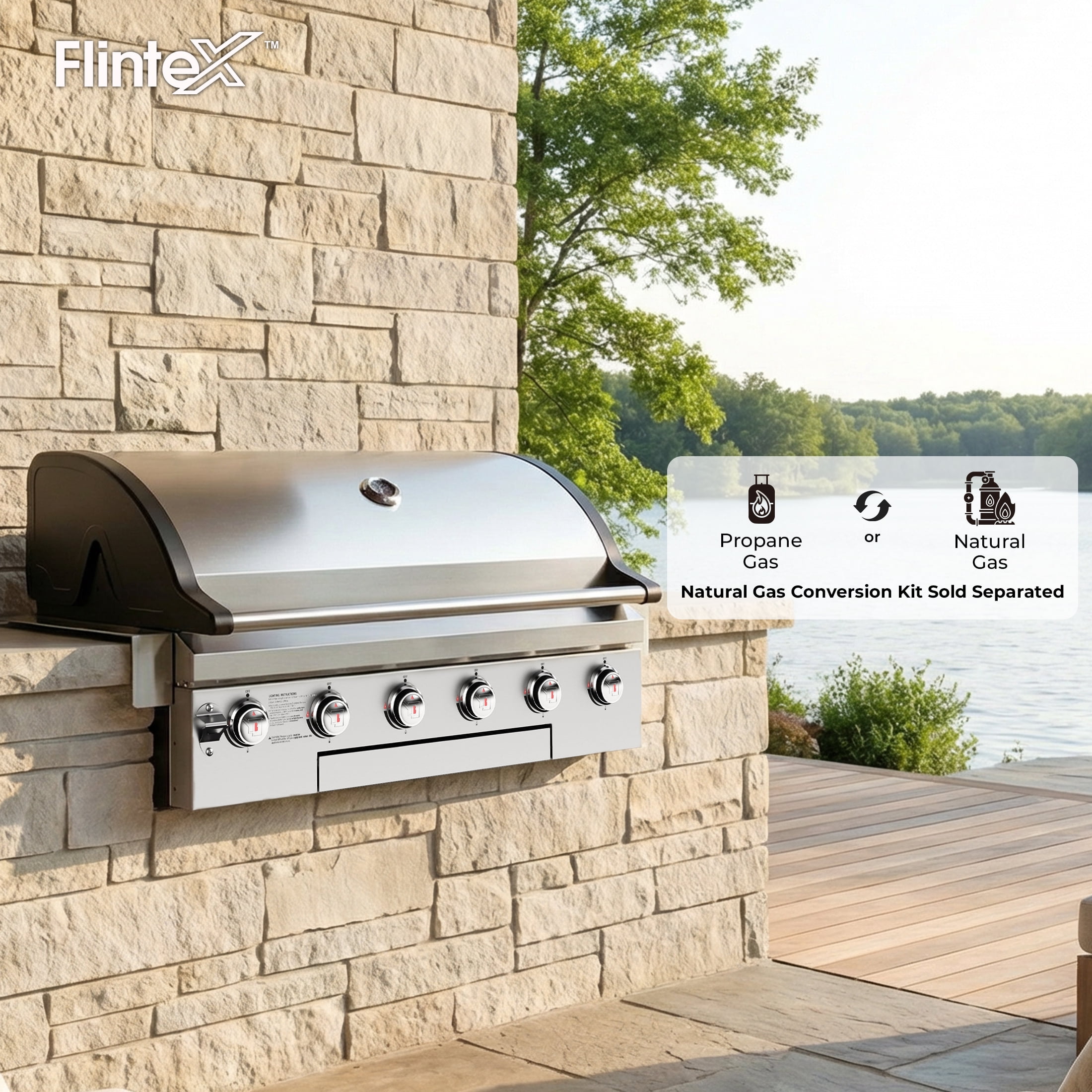Flintex 6-Burner Built-In Gas Grill, Outdoor Kitchen BBQ Head with 859.8 sq in Cooking Area (Stainless Steel, 60,000 BTU) yyrio
