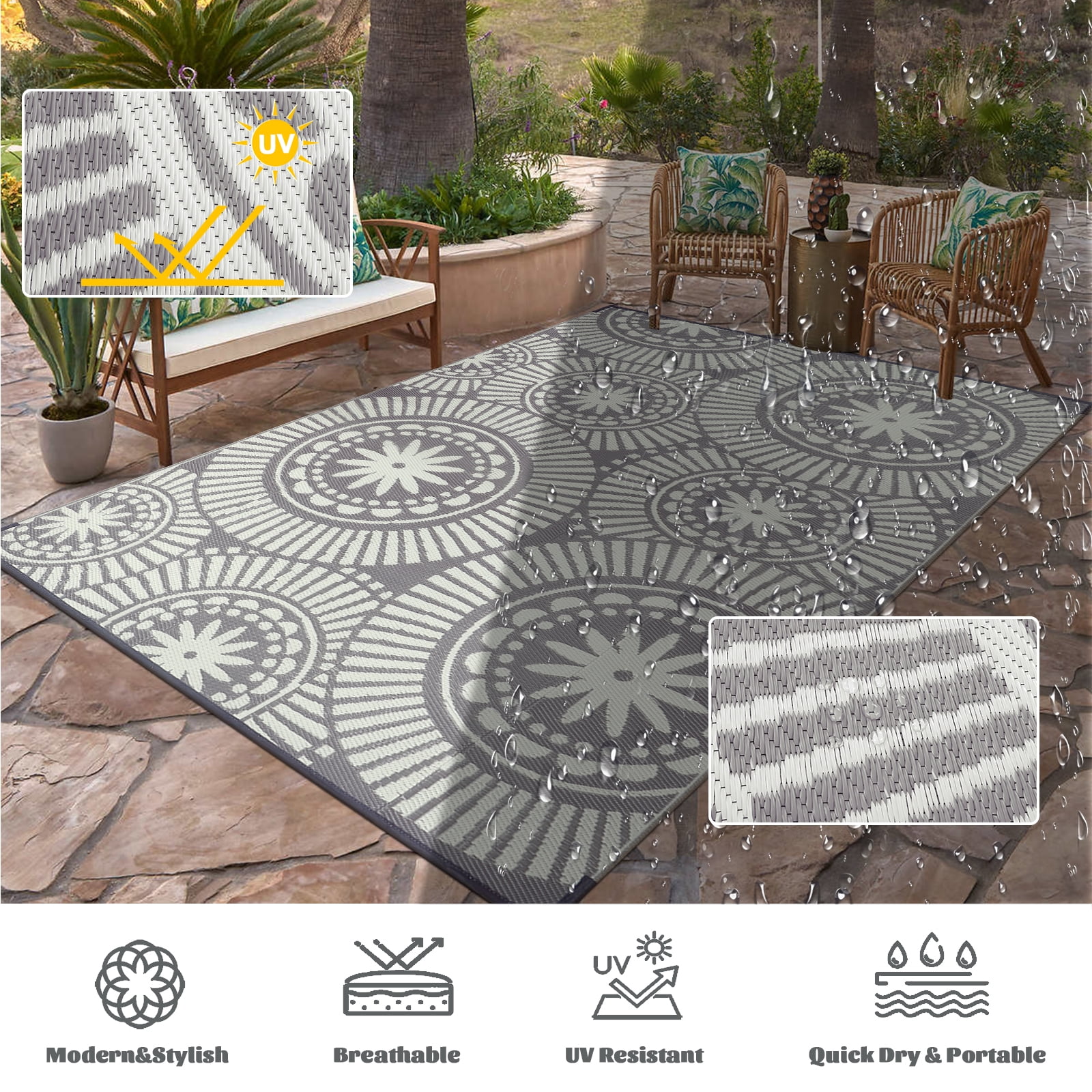 Ileading Reversible Outdoor Rug Floral Waterproof Patio Carpet (Grey, 6 ft Round) dj9ak