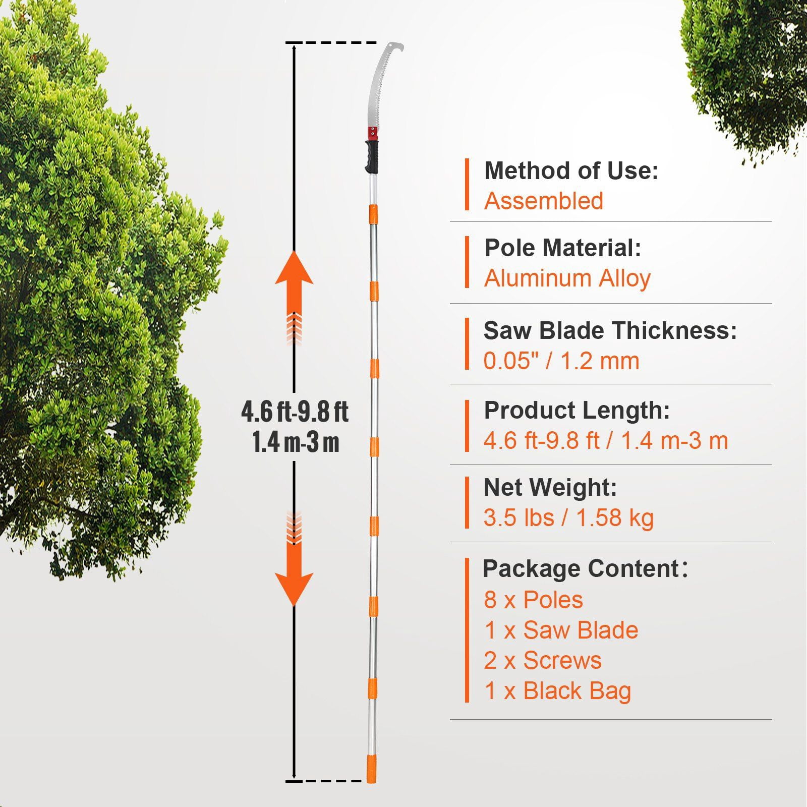 Generic Manual Extendable Tree Pruner, Heavy-Duty Pole Saw for High Limbs, Lightweight Aluminum Alloy Handle (4.6-9.8 ft) e6gkf