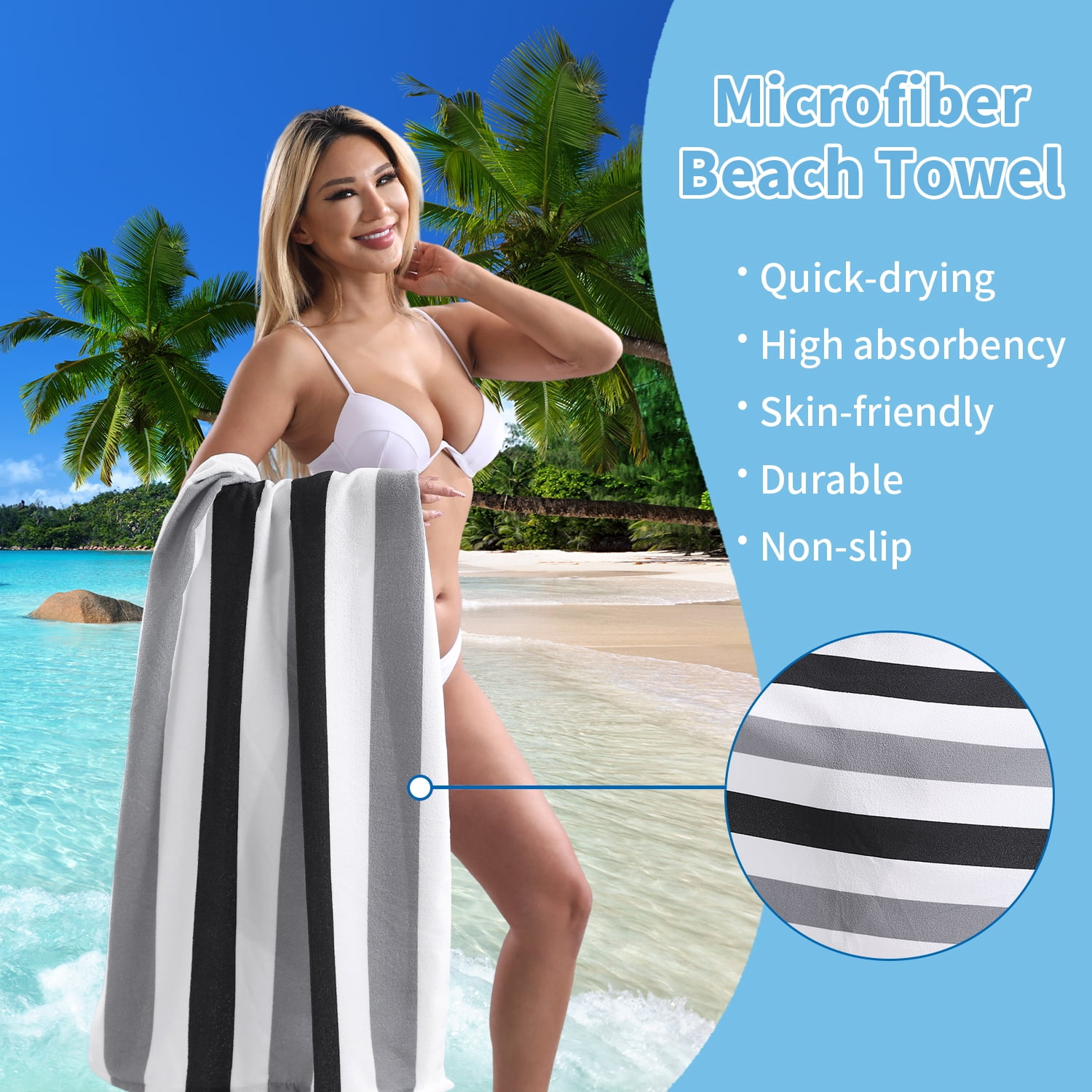 Jessy Home Stripe Beach Towel Set, Quick-dry Sand-resistant Soft Bath Towels (Black, 30 in x 60 in, 4 Pack) 66w41