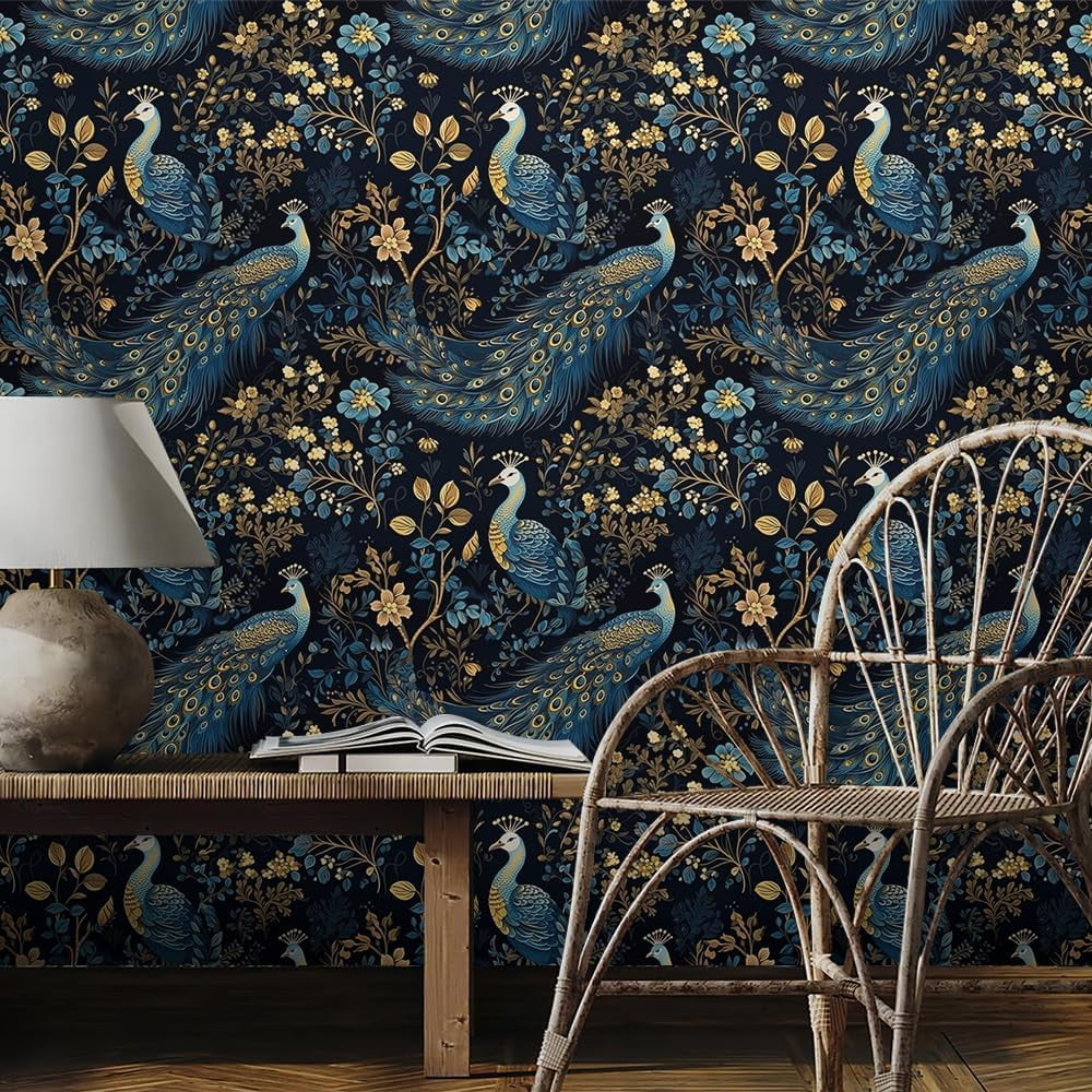 Usachibb Peel and Stick Wallpaper Vintage Peacock Floral Contact Paper for Furniture and Walls (Gold, 17.7 in x 118.1 in) 5b86z