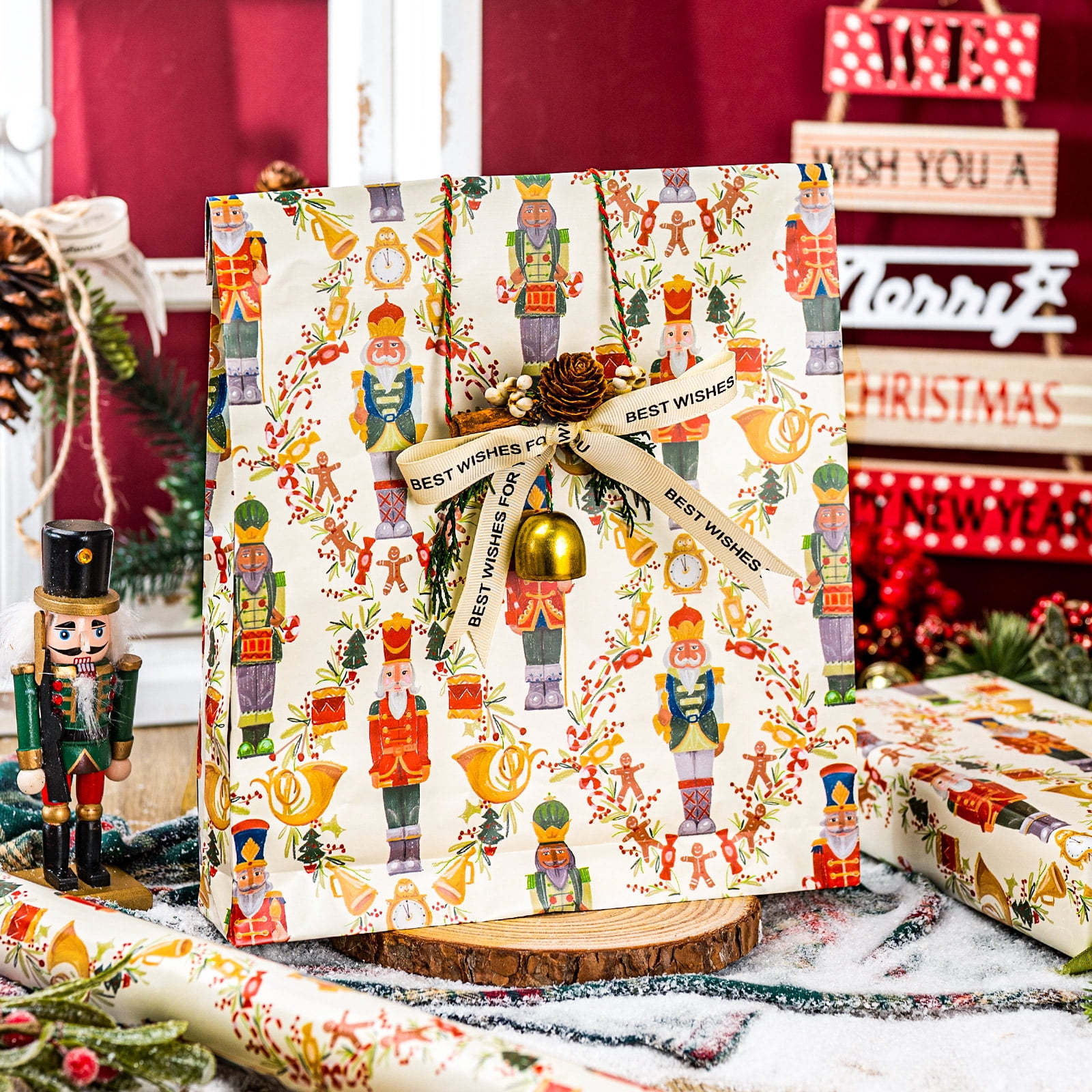 HOMERAL Christmas Wrapping Paper Roll, Nutcracker and Wreath Pattern Gift Wrap (Gold, 17 in x 33 ft) rxeff