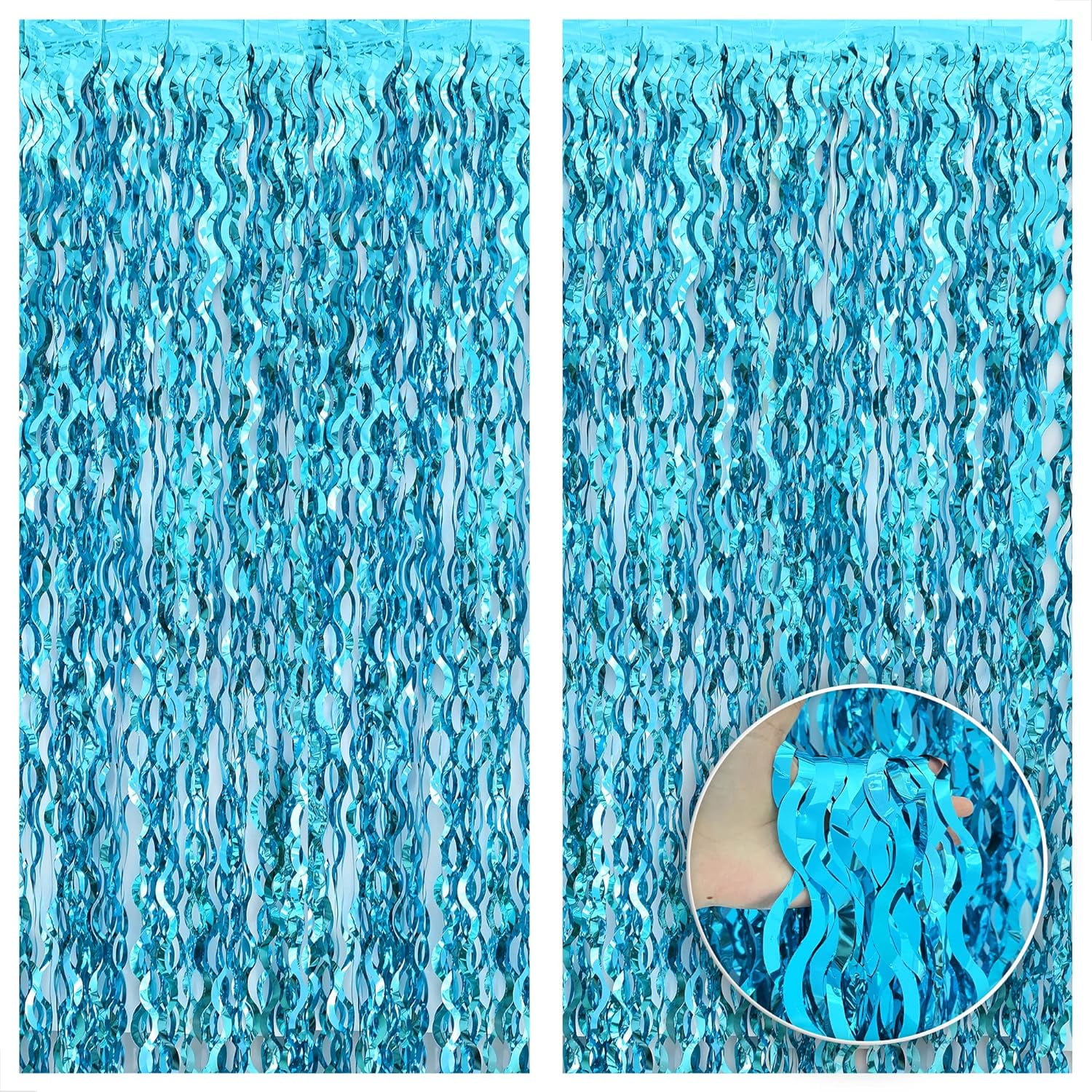 MEYSIMOON Wavy Foil Fringe Curtain Backdrop for Beach and Pool Party Decorations (Blue, 2 Pack, 3.2 ft x 6.5 ft) lr2do