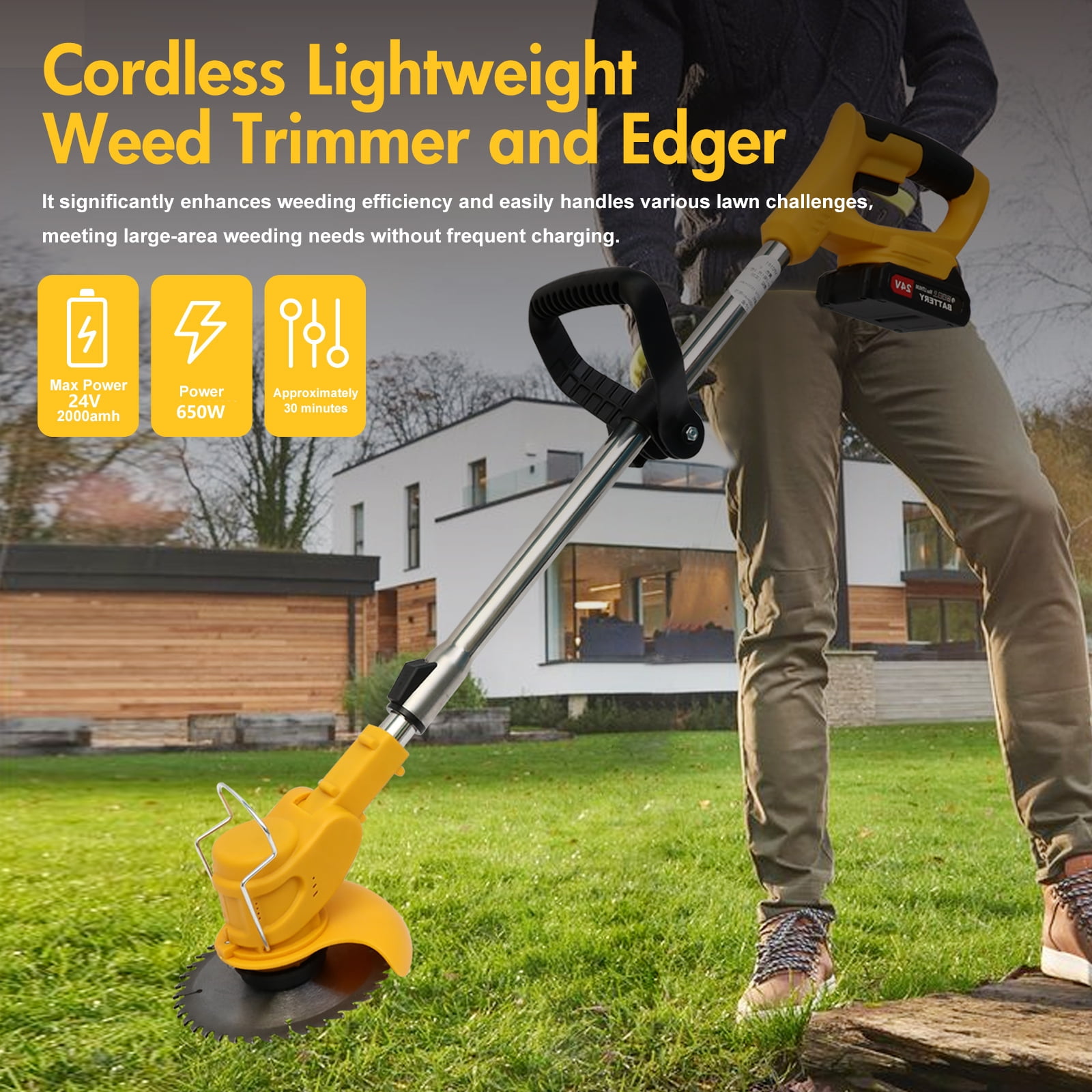 CATGOOD 24V Electric Weed Eater Grass Trimmer with Wheels (Yellow, 35-47 in) m4hjn