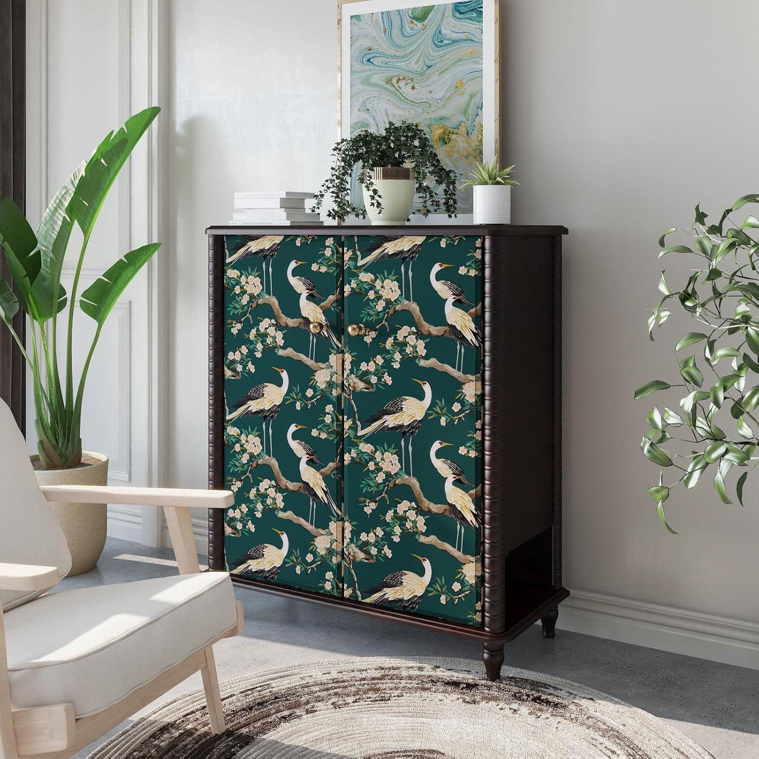 Usachibb Peel and Stick Wallpaper, Crane Bird Floral Contact Paper (Dark Green, 17.5 in x 118 in) 8ncdf
