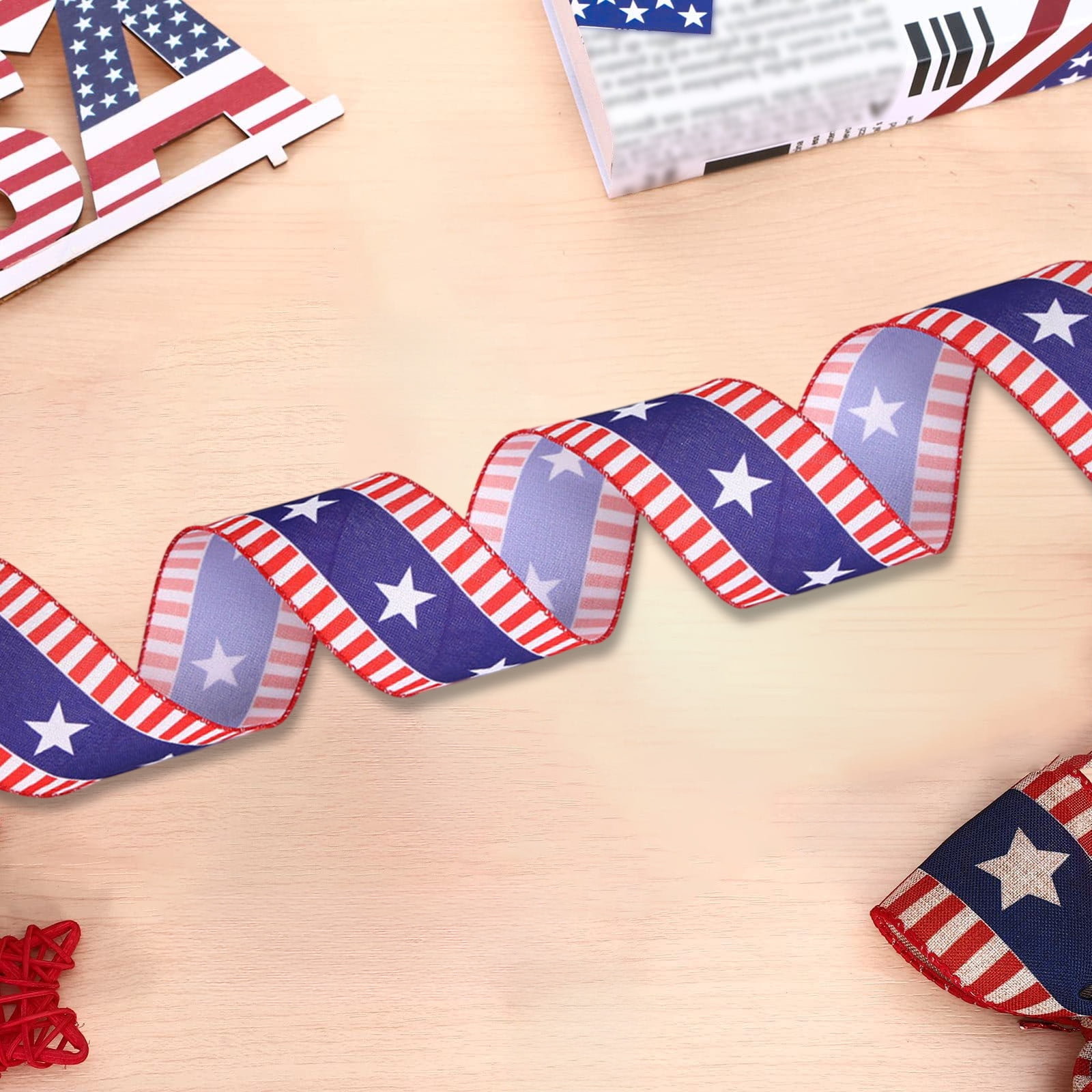Kbndieu Patriotic Wired Ribbon, Stars and Stripes Fabric for DIY Crafts and Holiday Decor (Red White Blue, 2.5 in x 30 ft) ywjyy