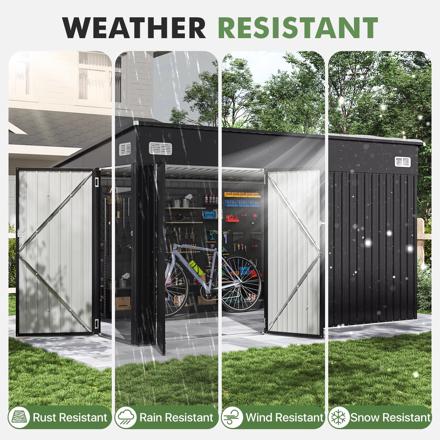 BaPiPro 12 ft x 8 ft Lean-to Metal Storage Shed, Outdoor Lockable Garden Shed with Triple Doors and Vents (Black, 12 ft x 8 ft) m8bqf