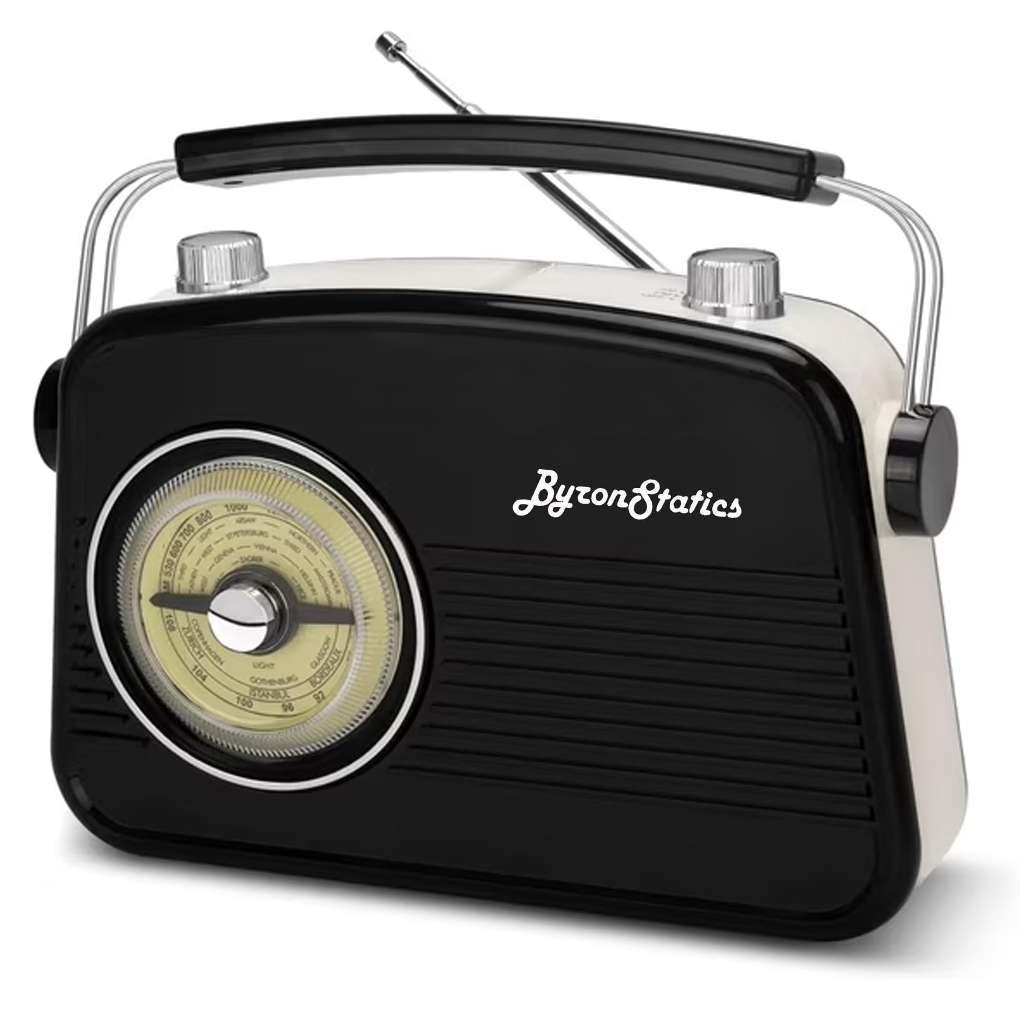 Byron Statics Portable AM FM Radio, Vintage Retro Style with Headphone Jack and Loud Speaker (Black, 8.8 x 7.3 x 1.8 in) 55wm7