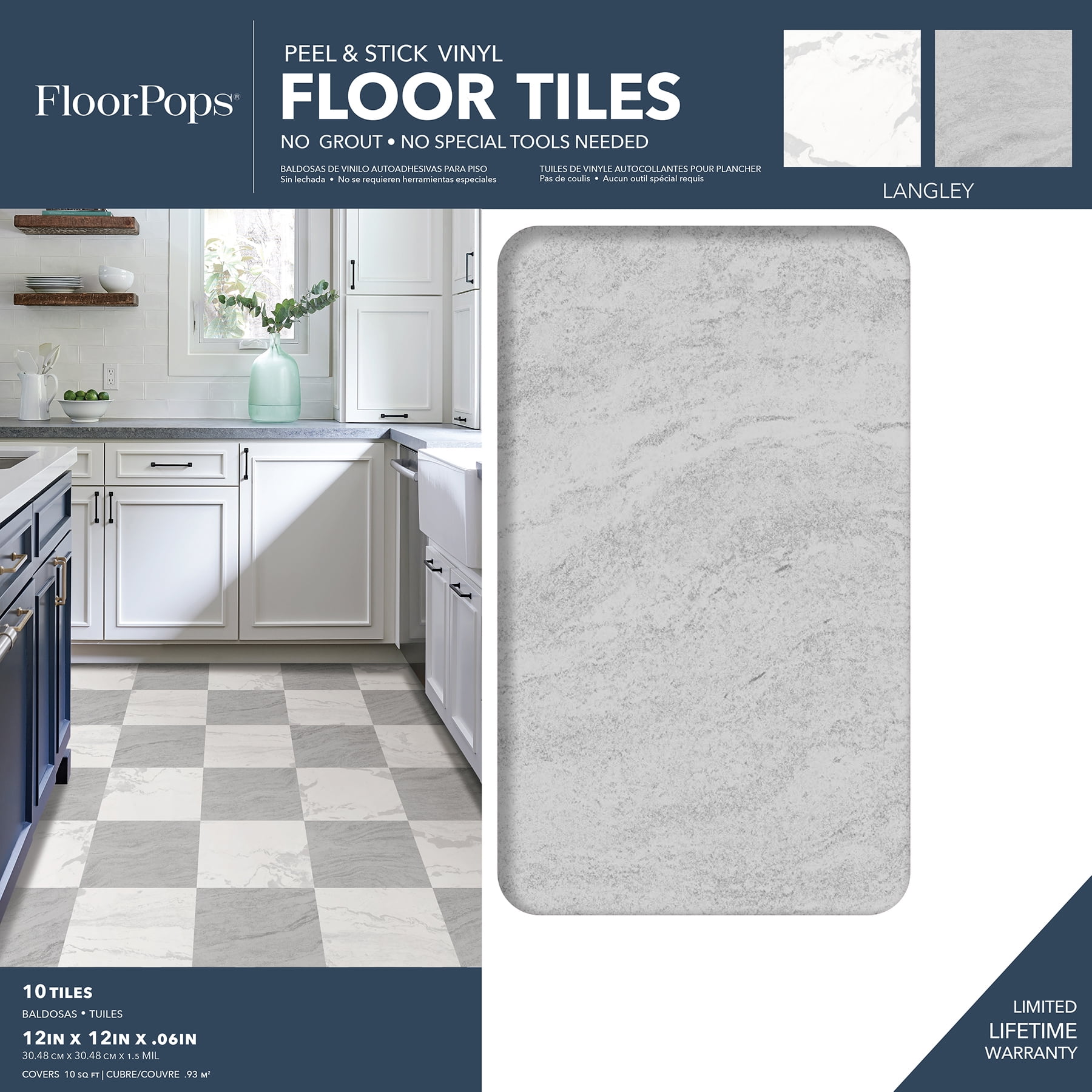 FloorPops! Fontaine Peel and Stick Vinyl Floor Tiles (Blue, 12 in. x 12 in., 10-Pack) 200z1