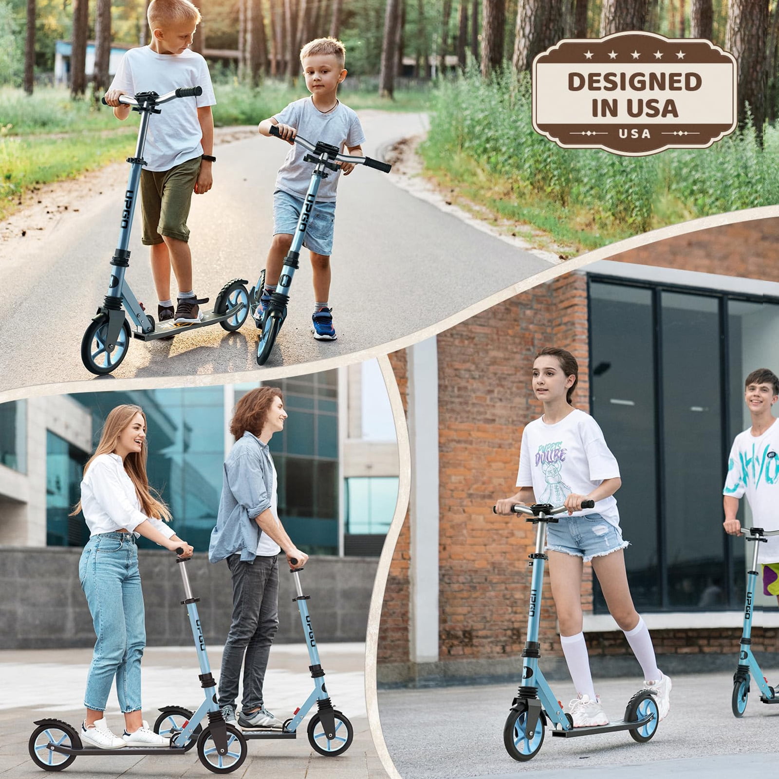 Upgo Foldable Kick Scooter with Adjustable Handlebar and 8-Inch Wheels (Blue, 240 lb Capacity) l1ddw