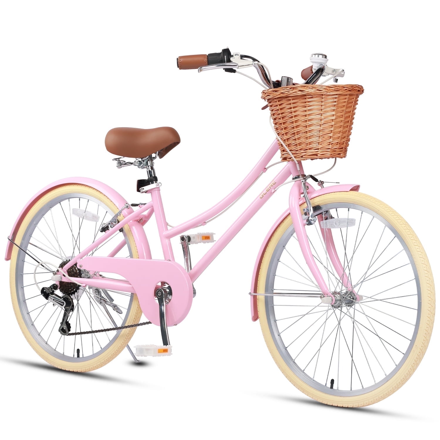 Glerc Missy 24 in Girls Cruiser Bike, 6-Speed Hybrid Bicycle with Wicker Basket (Pink) rf9wa