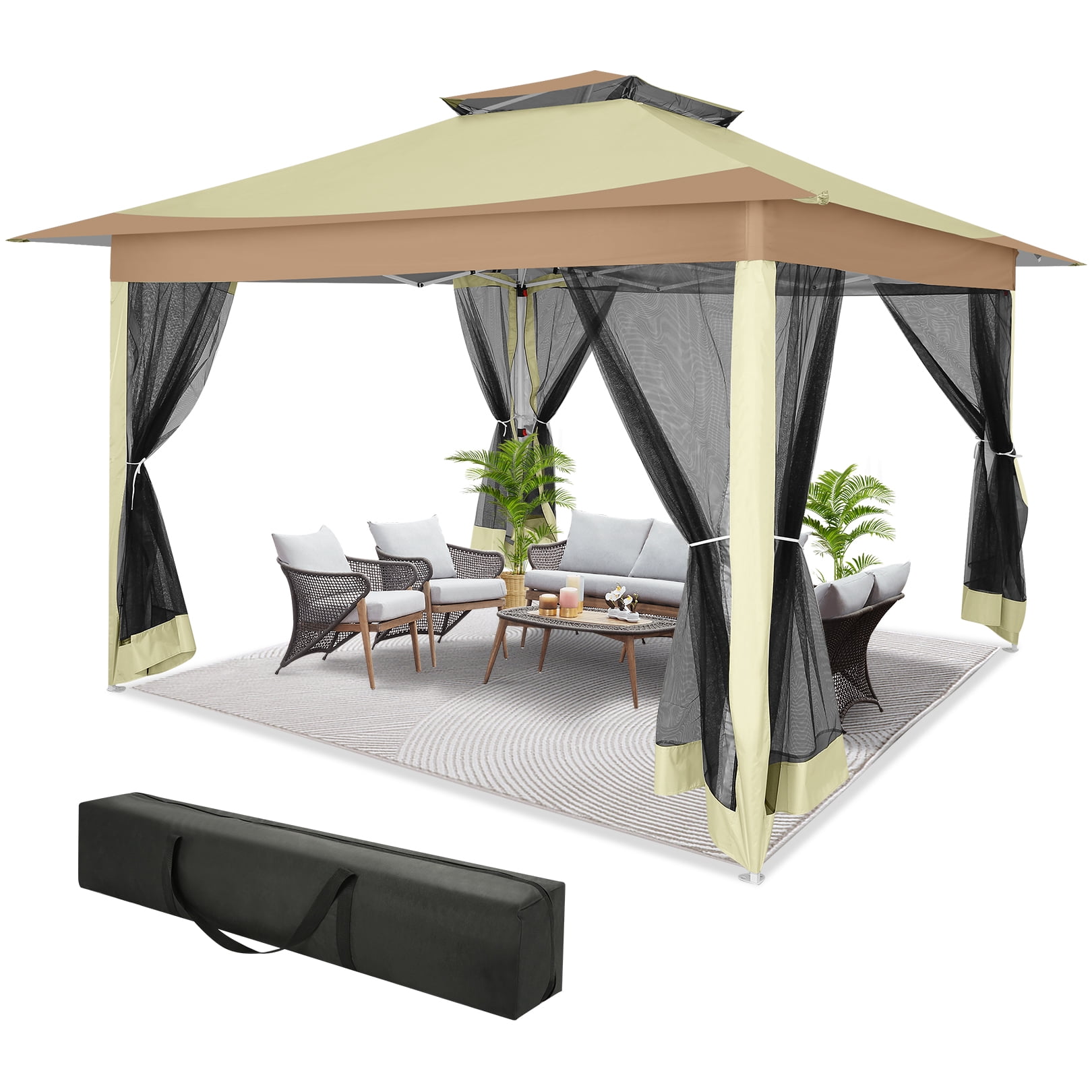 SANOPY Outdoor Pop-up Gazebo with Mosquito Netting and Sandbags (Light Brown, 12x12 ft) 63tns