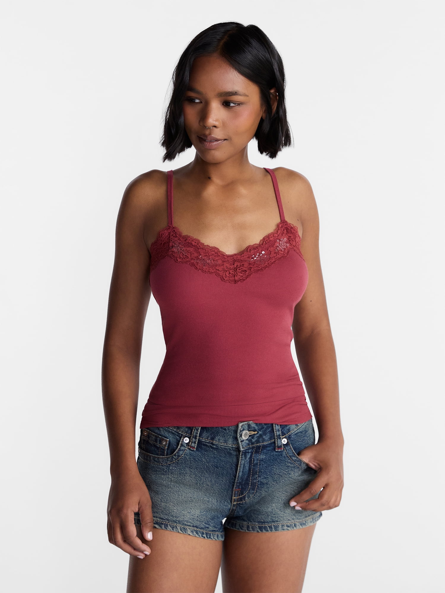 No Boundaries Sequin Lace Trim Cami Top (Red, XXS) x71r3