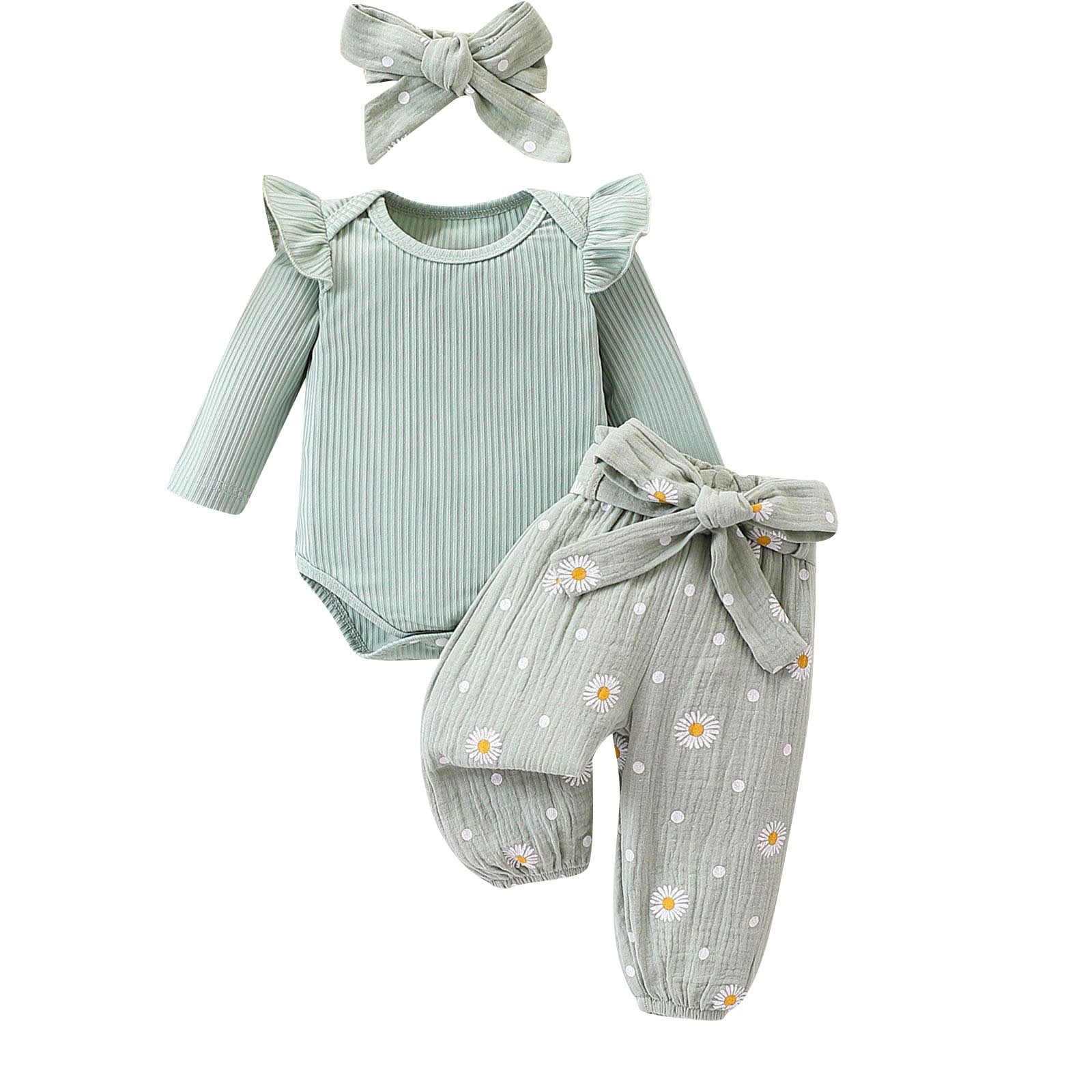 Erwazi Newborn Infant Girl Outfit Set Rib Knit Romper Daisy Print Pants and Headband (Green, 0-3 Months) coz9n