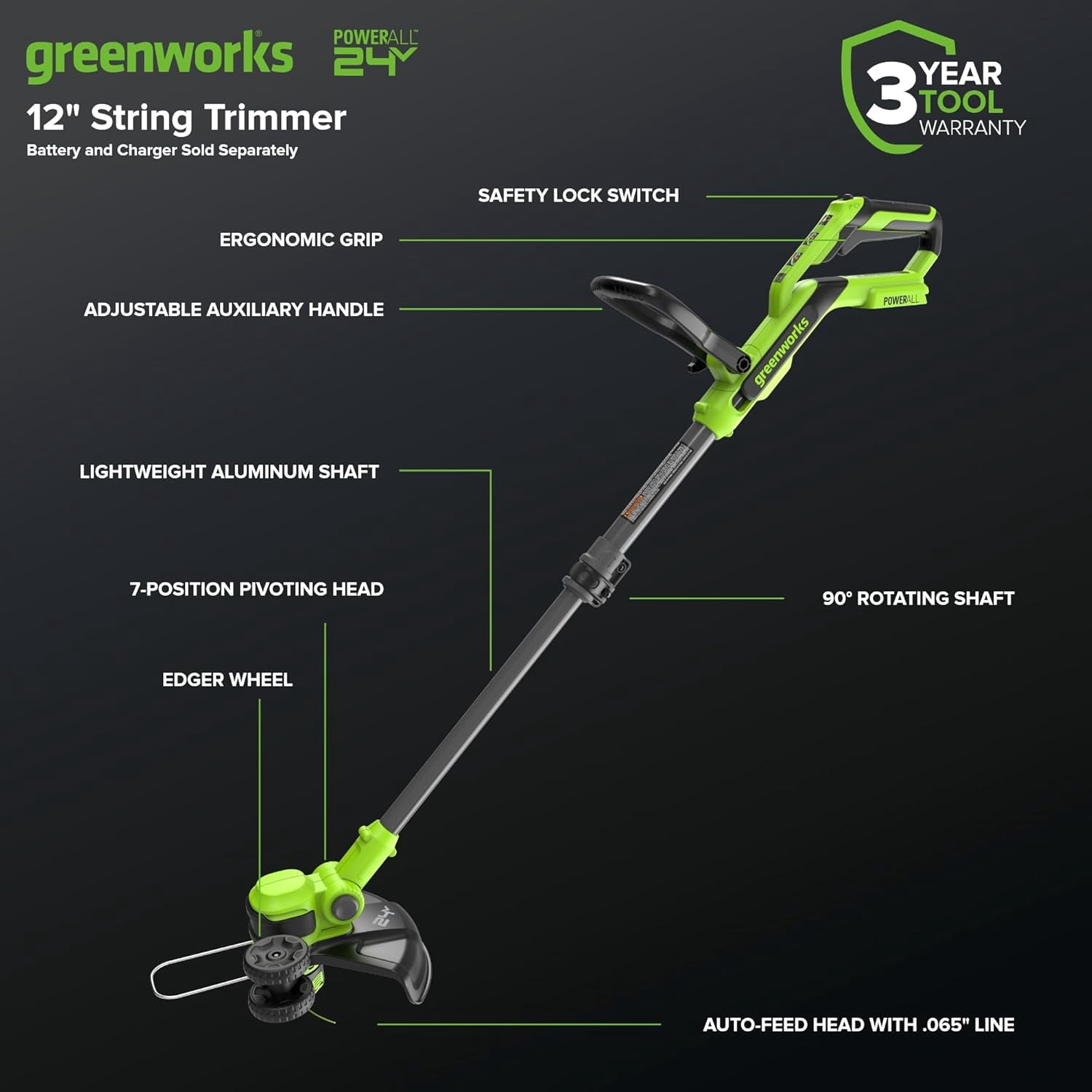 Greenworks 24V Cordless String Trimmer and Edger (Green, 12 in) rhtfp