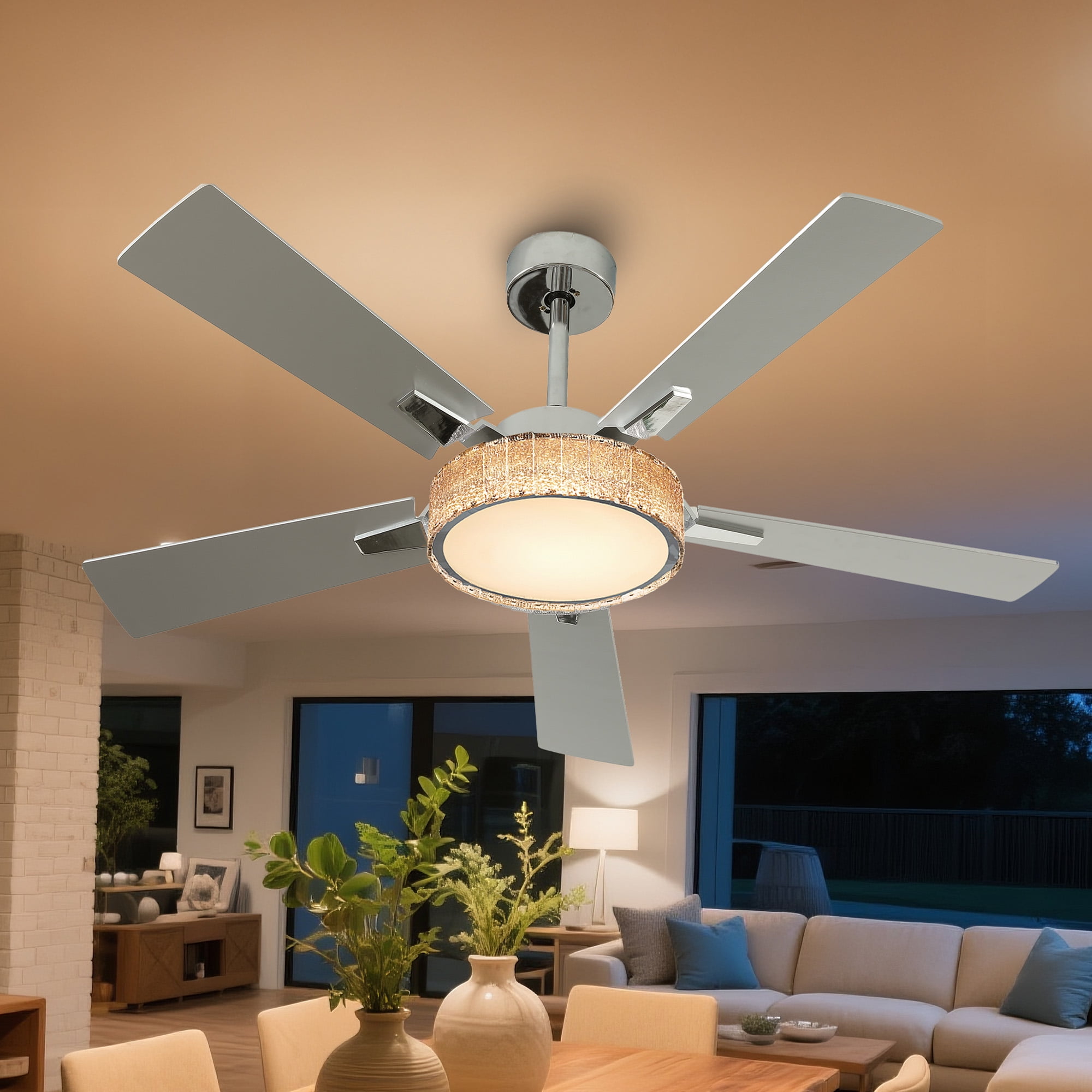 Craftian 52 Inch Smart Chandelier Ceiling Fan with LED Lights, App & Voice Control, Quiet DC Motor (Silver, 52 in) 6oo40