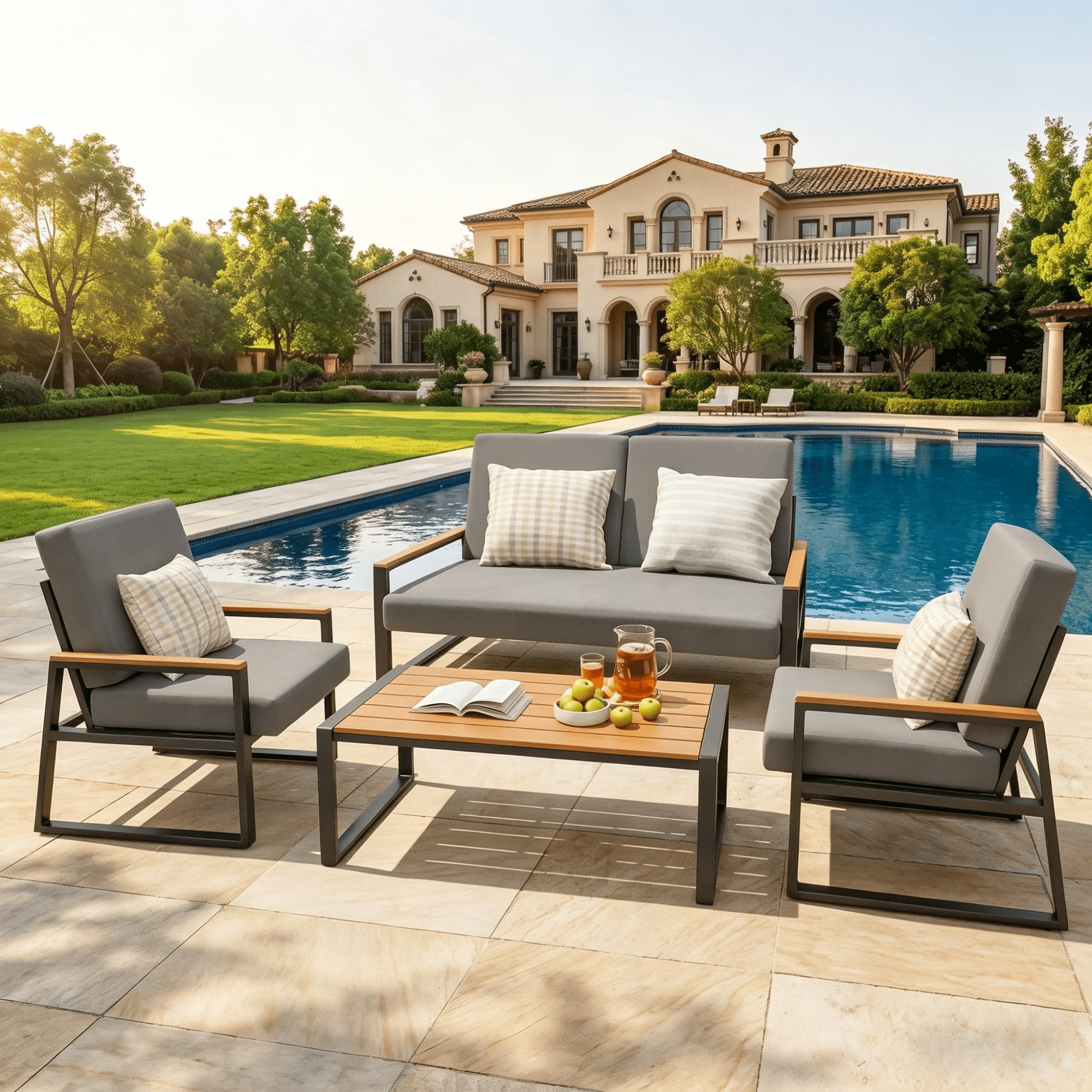 Lofka Outdoor Patio Furniture Set with Rectangle Wooden Table and Heavy-Duty Metal Frame (Gray, 4-Piece Set) 9j1r0