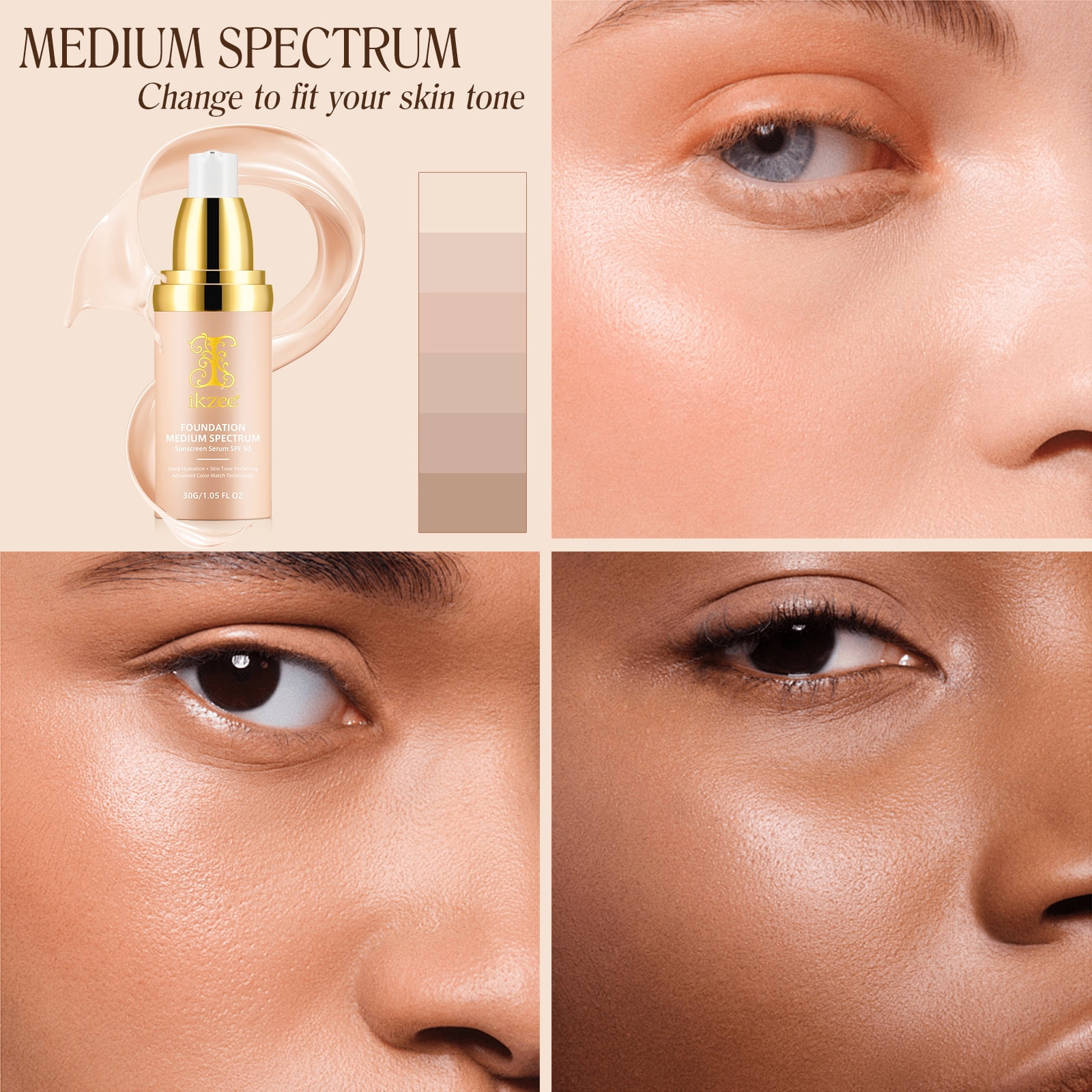 IKZEE 4-in-1 Foundation with Brush, Long-lasting Waterproof Coverage, SPF 50+ UV Protection (Medium, 1.06 oz) 76rsw