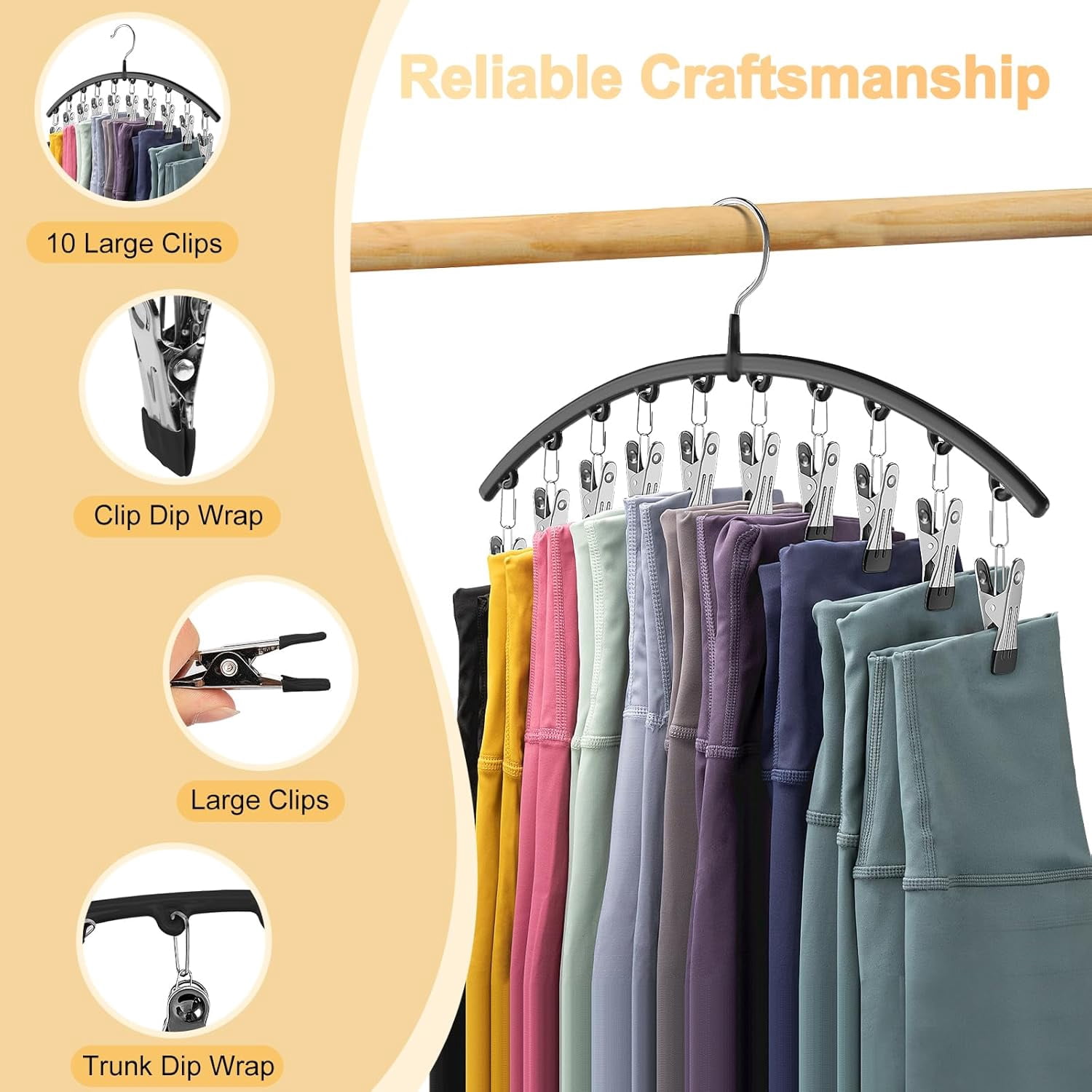 Behome Pants Hangers with 10 Clips, Space Saving Closet Organizer for Leggings, Jeans, and Skirts (Black, 2 Pack, 14.37 x 8.66 in) soy39