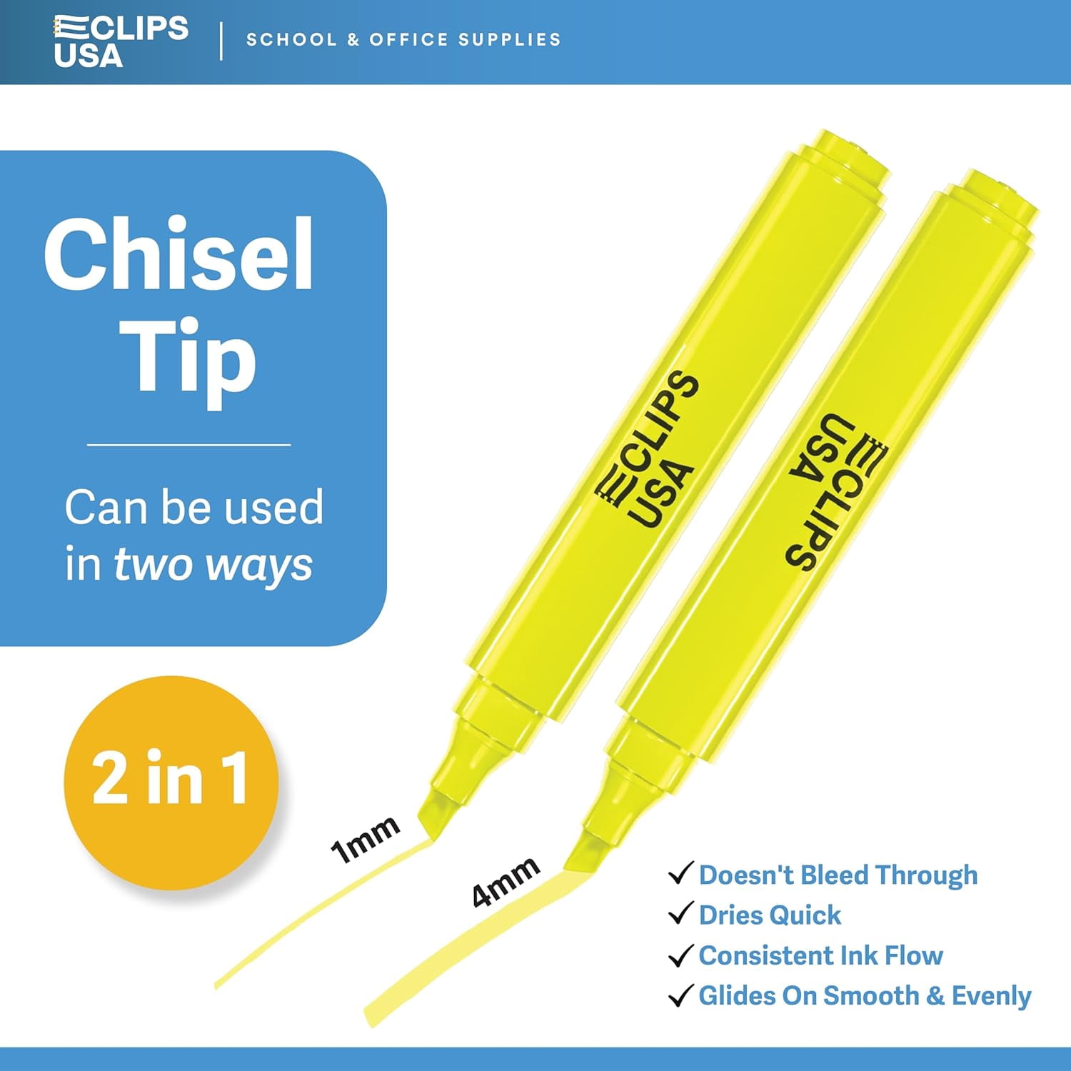 E-Clips USA Chisel Tip Highlighter Pens, Quick-Drying Fluorescent Ink (Yellow, 25-Pack) egi9t