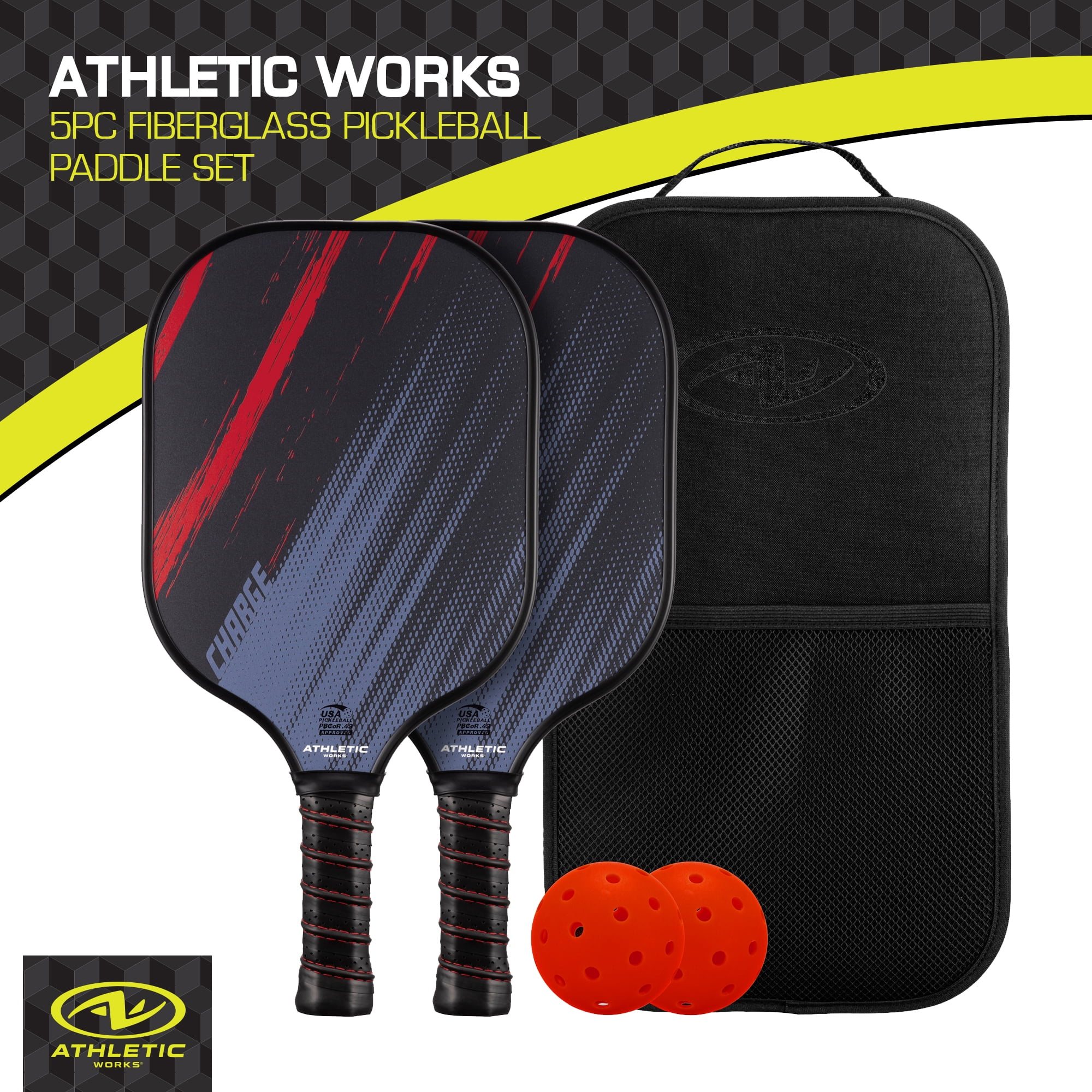 Athletic Works Charge Fiberglass 2-Player Pickleball Paddle Set (Red, 5-Piece) lny5n
