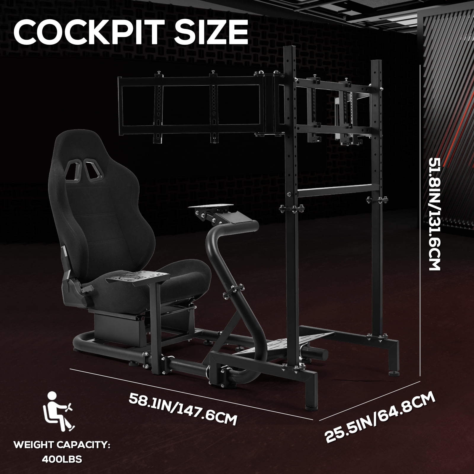Supllueer Racing Simulator Cockpit with Triple Monitor Stand and Adjustable Seat (Black, 50 in x 24 in x 45 in) 5strn