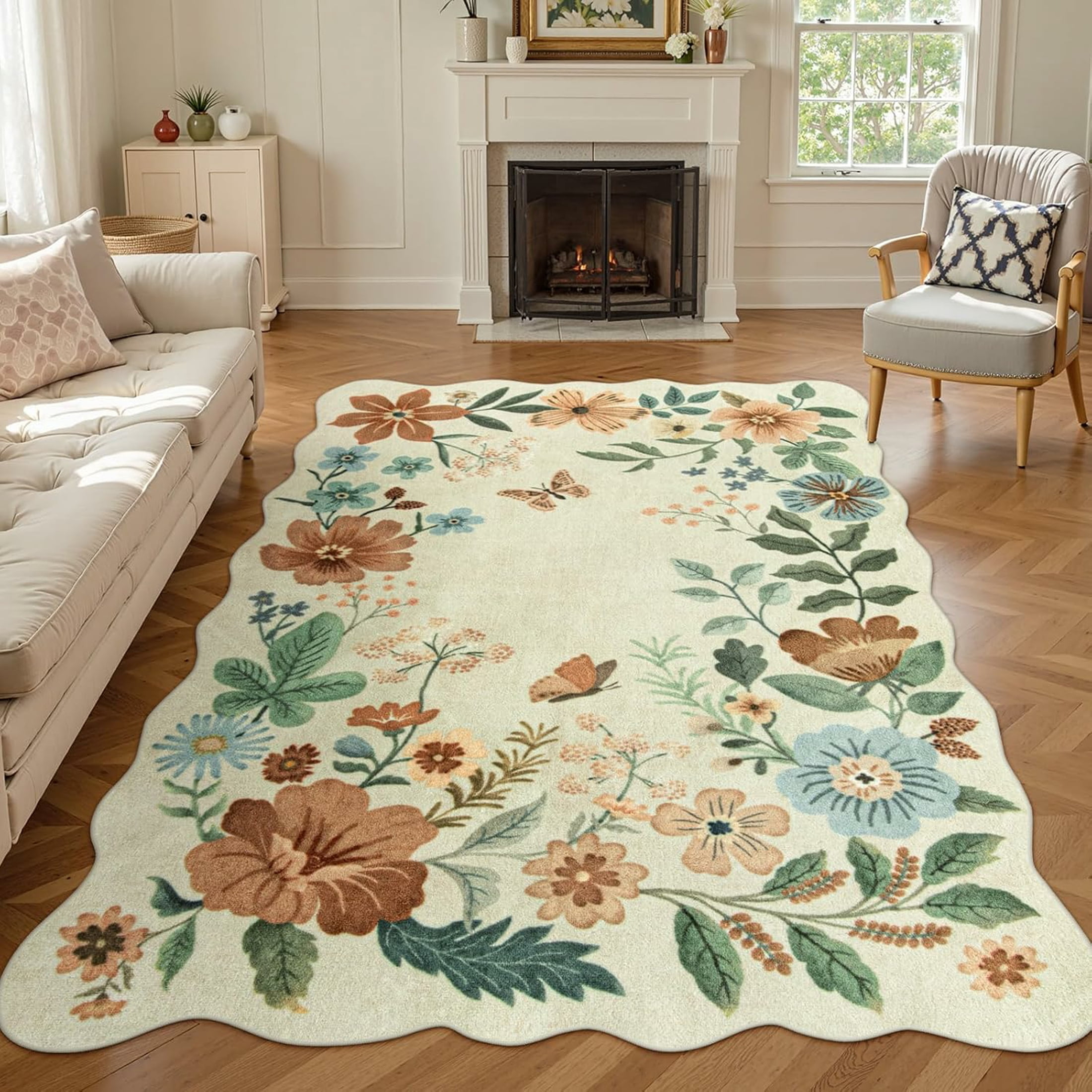 Moynesa Floral Area Rug, Non-Slip Washable Boho Rug for Living Room and Bedroom (Beige, 5 ft x 7 ft) ekrfw