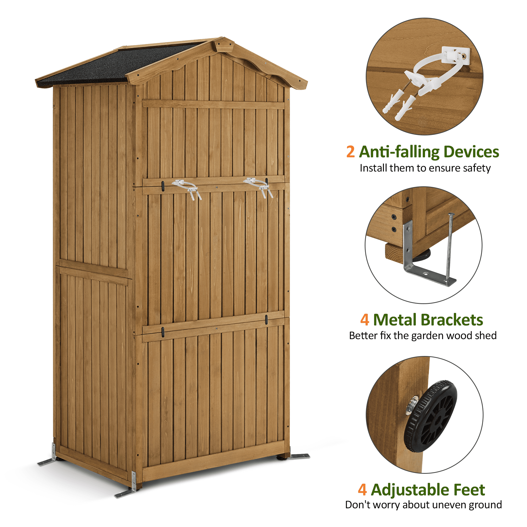 MCombo Outdoor Storage Cabinet, Lockable Wooden Tool Shed with Waterproof Asphalt Roof and Removable Shelves (Natural Wood, 75.8 in) z4llx