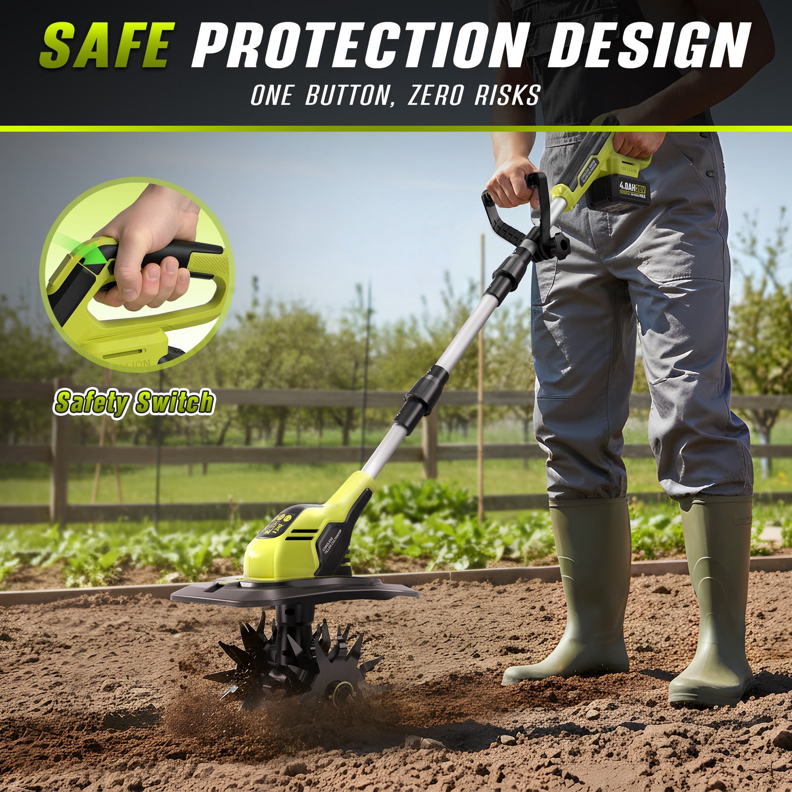 Revvstark 20V Cordless Electric Garden Tiller Cultivator, High-Torque Rototiller with (2) 4.0Ah Batteries and Fast Charger (8.9 in Width, 6.8 in Depth) nzjcp