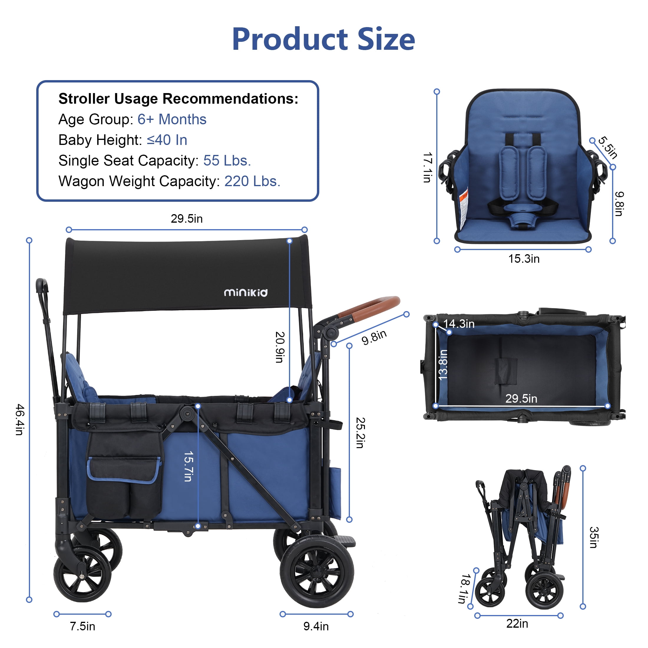 Minikid 2-Seater Wagon Stroller with Canopy and 5-Point Harness (Blue, 38 lb) jnqvp