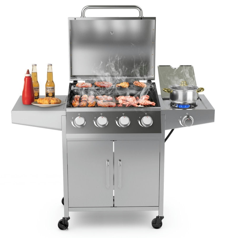 Aimee Lii 5-Burner Propane Gas Grill with Side Burner and Prep Tables (Silver, 516 sq in) 3b6cr