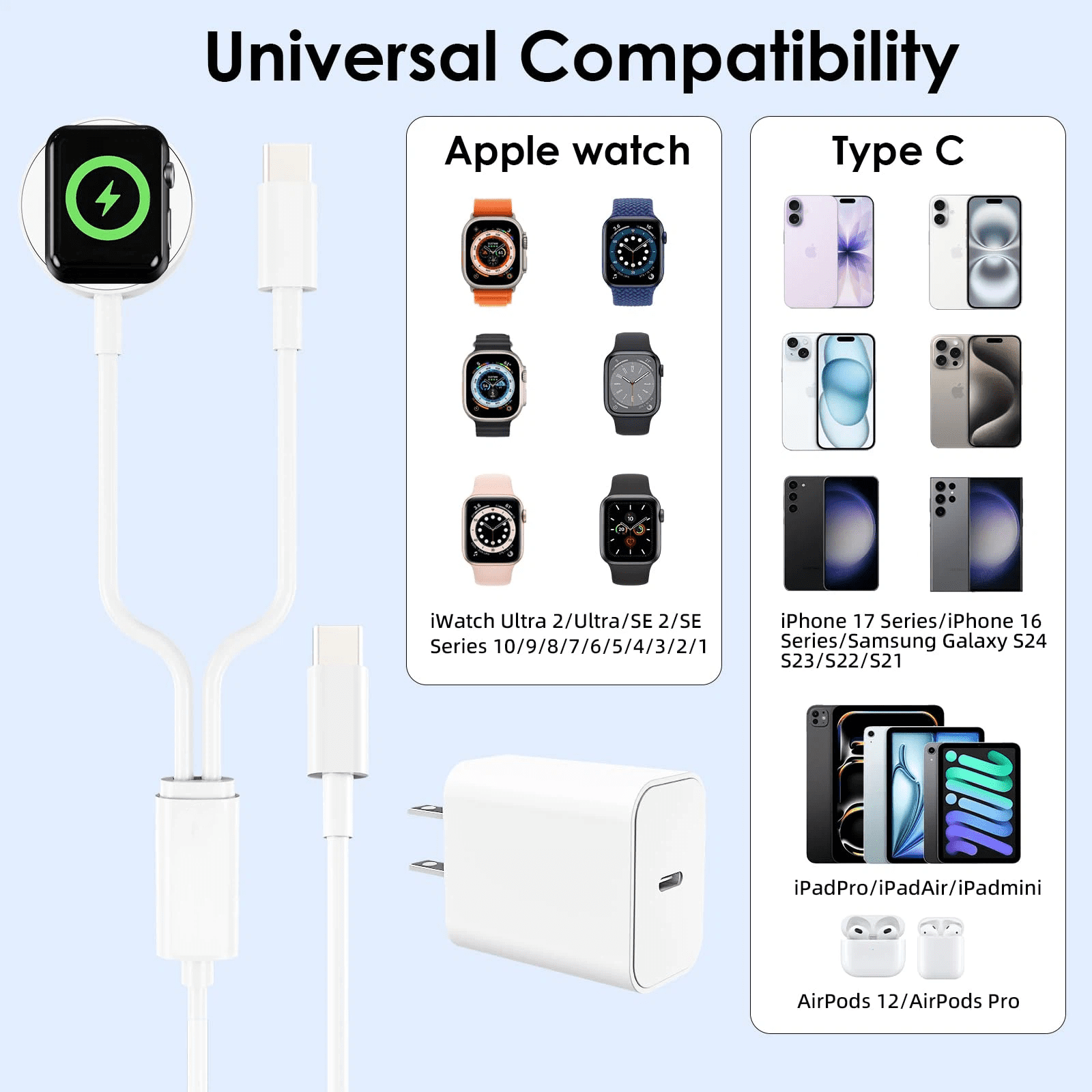FWJBK 2-in-1 Magnetic Fast Charging Cable and 20W USB-C Wall Adapter Set for Apple Watch and iPhone (White, 6 ft) cin8d