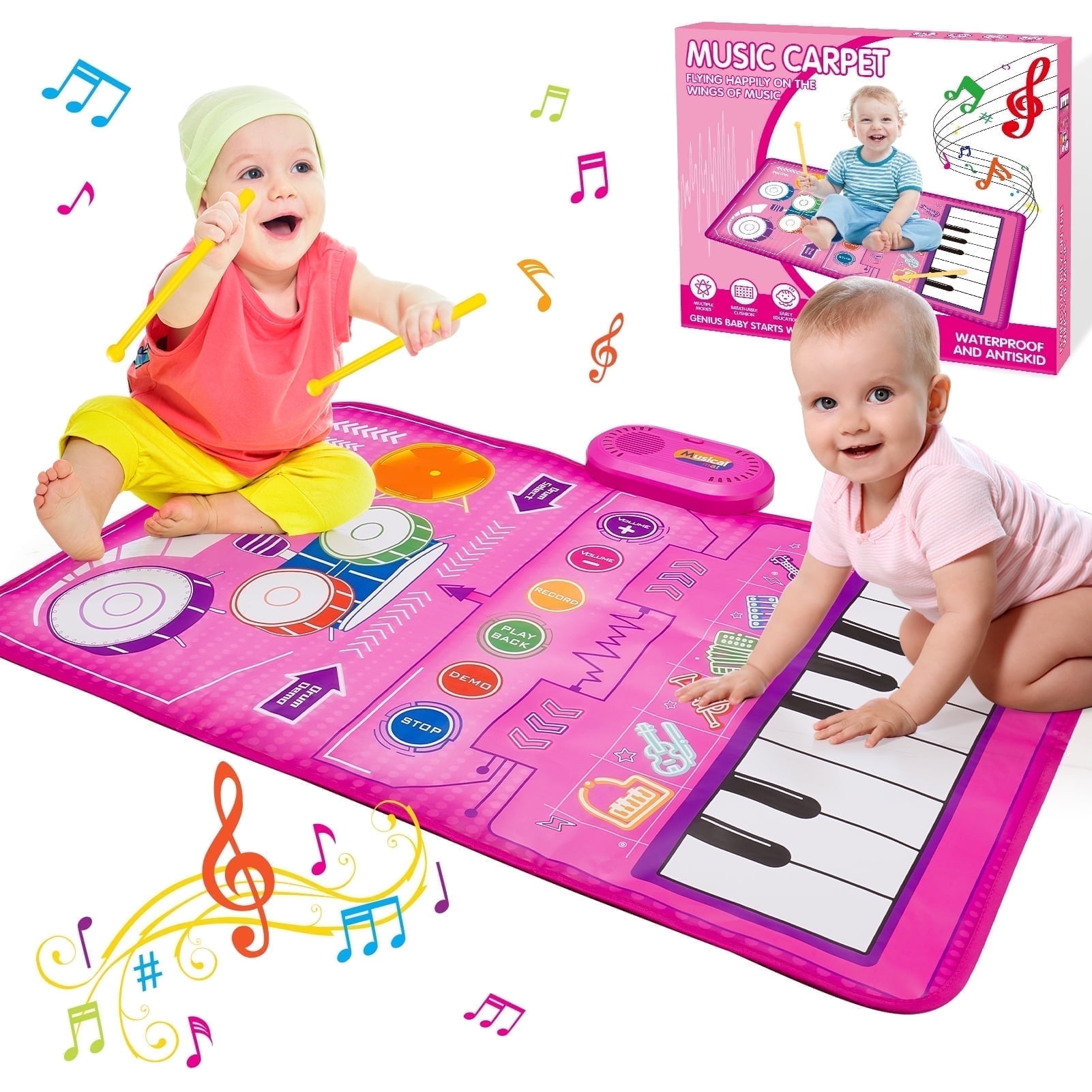 Dreamingbox Musical Piano Mat for Toddlers, Interactive Keyboard and Drum Floor Play Mat (Pink, 39 in x 14 in) kr23y