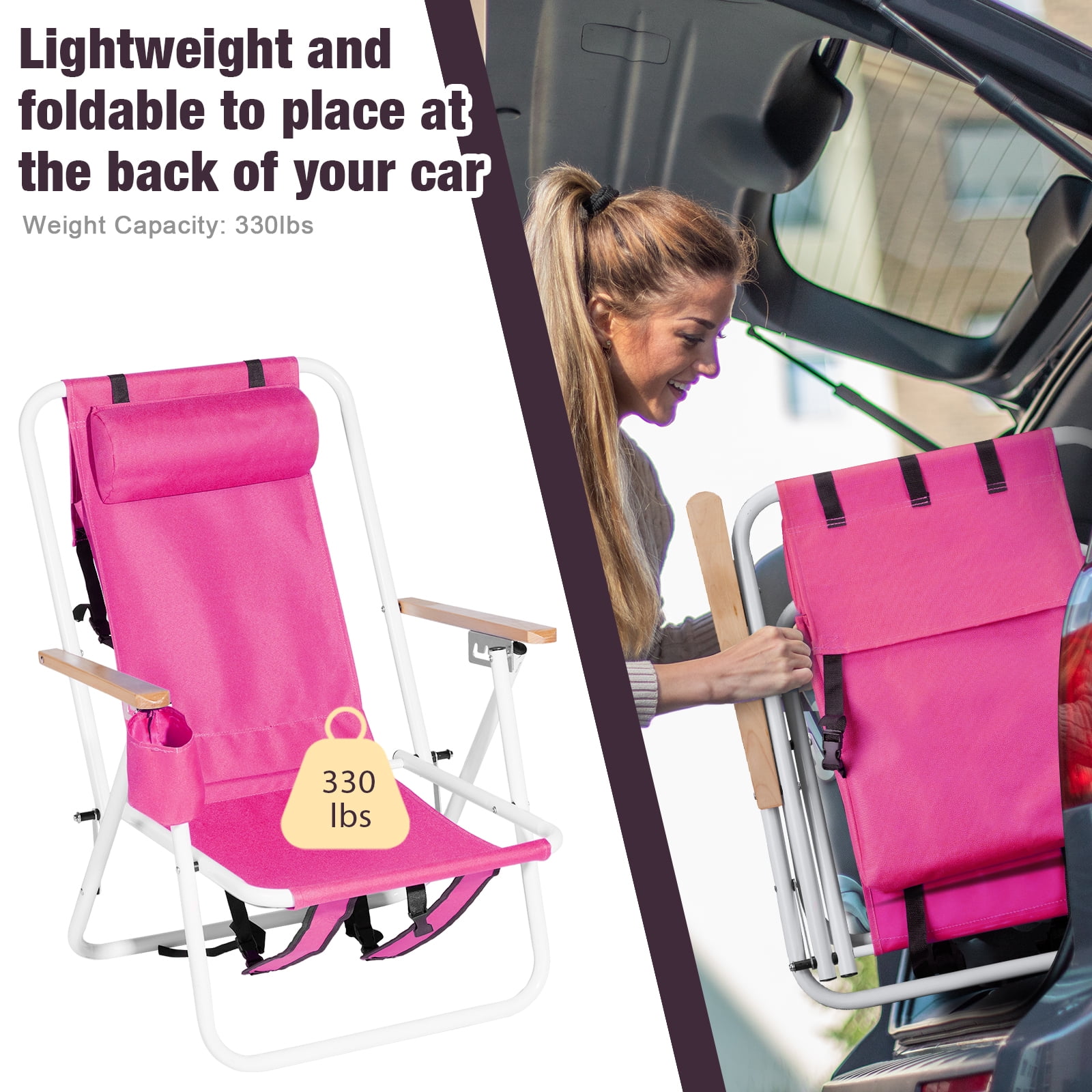SUREGO Folding Beach Chair with Adjustable Headrest and 4-Position Recline (Pink, 1 Pack) z3lid