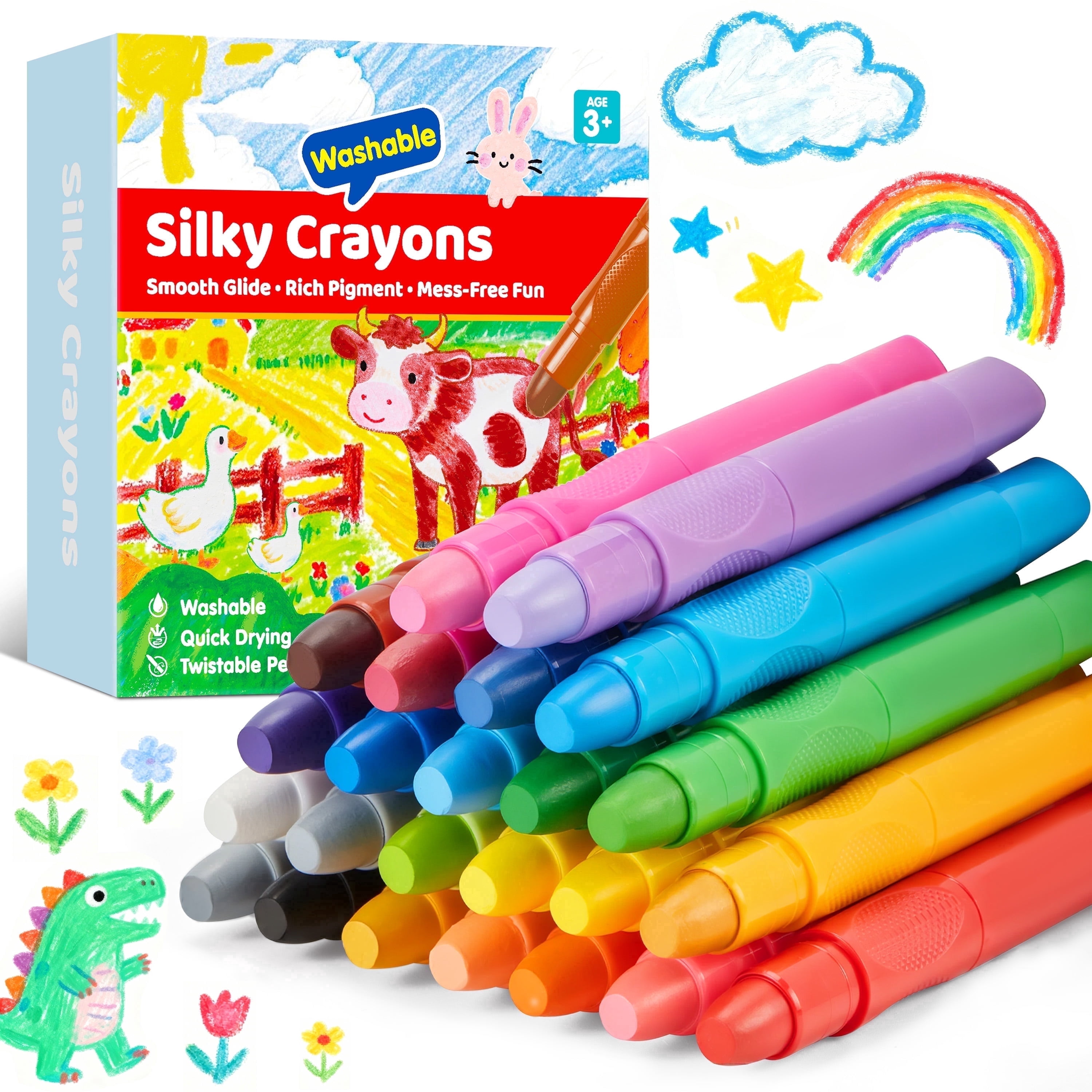 Joyfy Twistable Silky Crayons, Washable & Quick-Drying Art Supplies for Kids (Multicolor, 24 Count) f5dqs