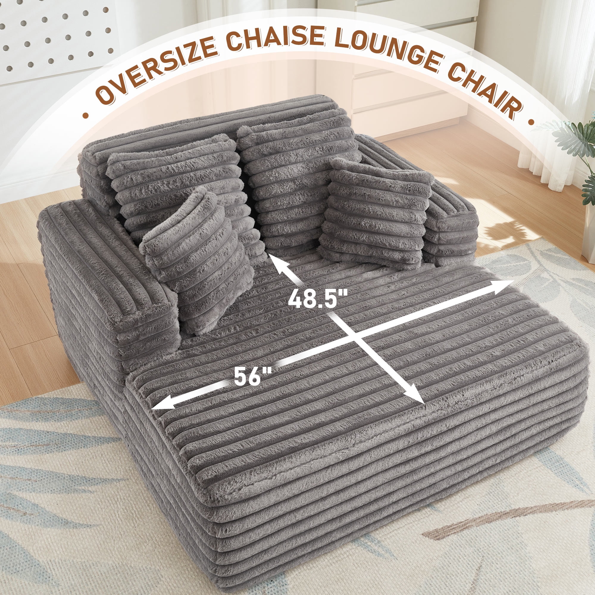 Muumblus Oversized Chaise Lounge Chair, Plush Corduroy Upholstered Sleeper Sofa for Living Room (Grey, 60 in x 40 in) gjbc4