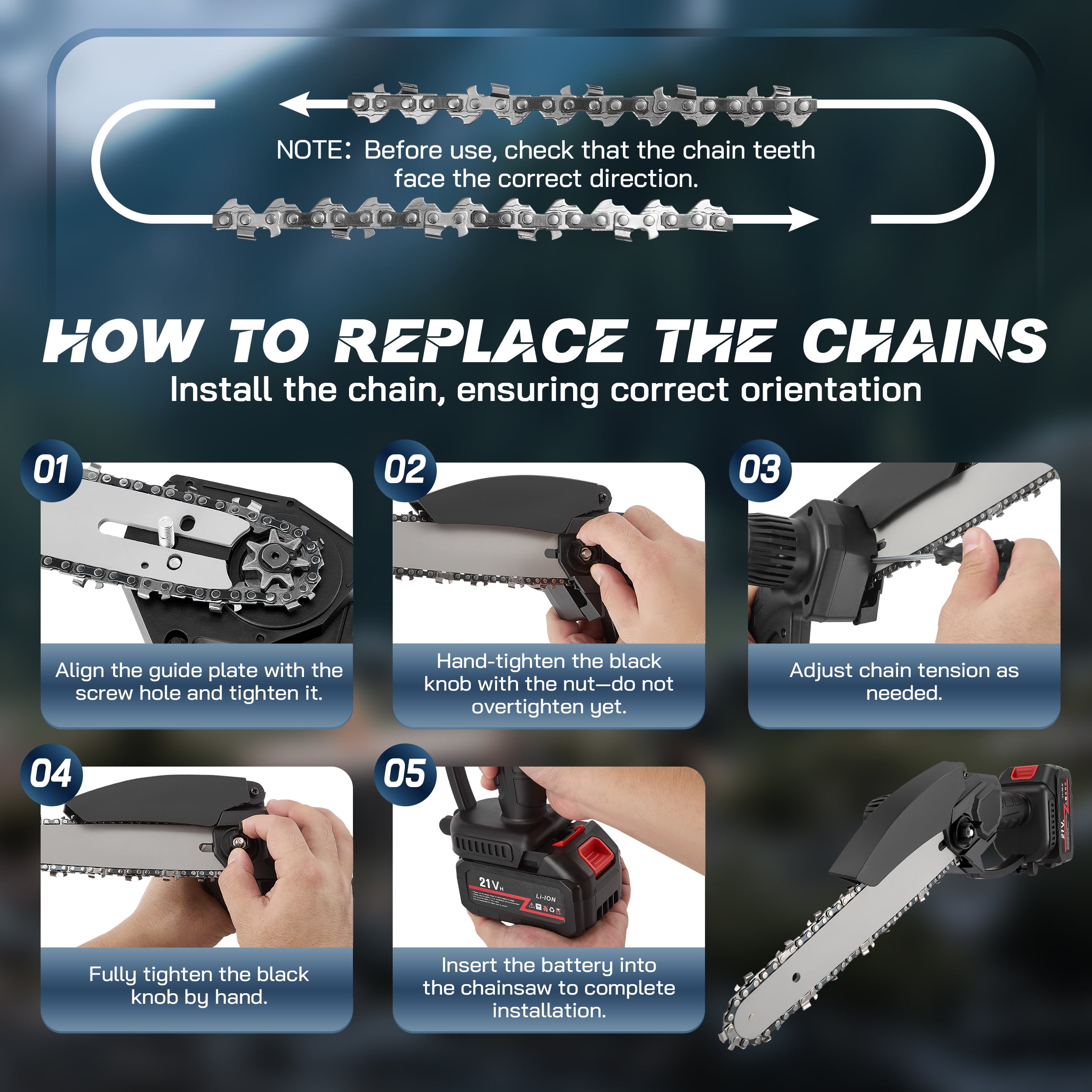 RELOIVE 8-Inch Cordless Mini Chainsaw, Electric Handheld Wood Pruning Tool with 2 Batteries and 4 Chains (8 in) a442h