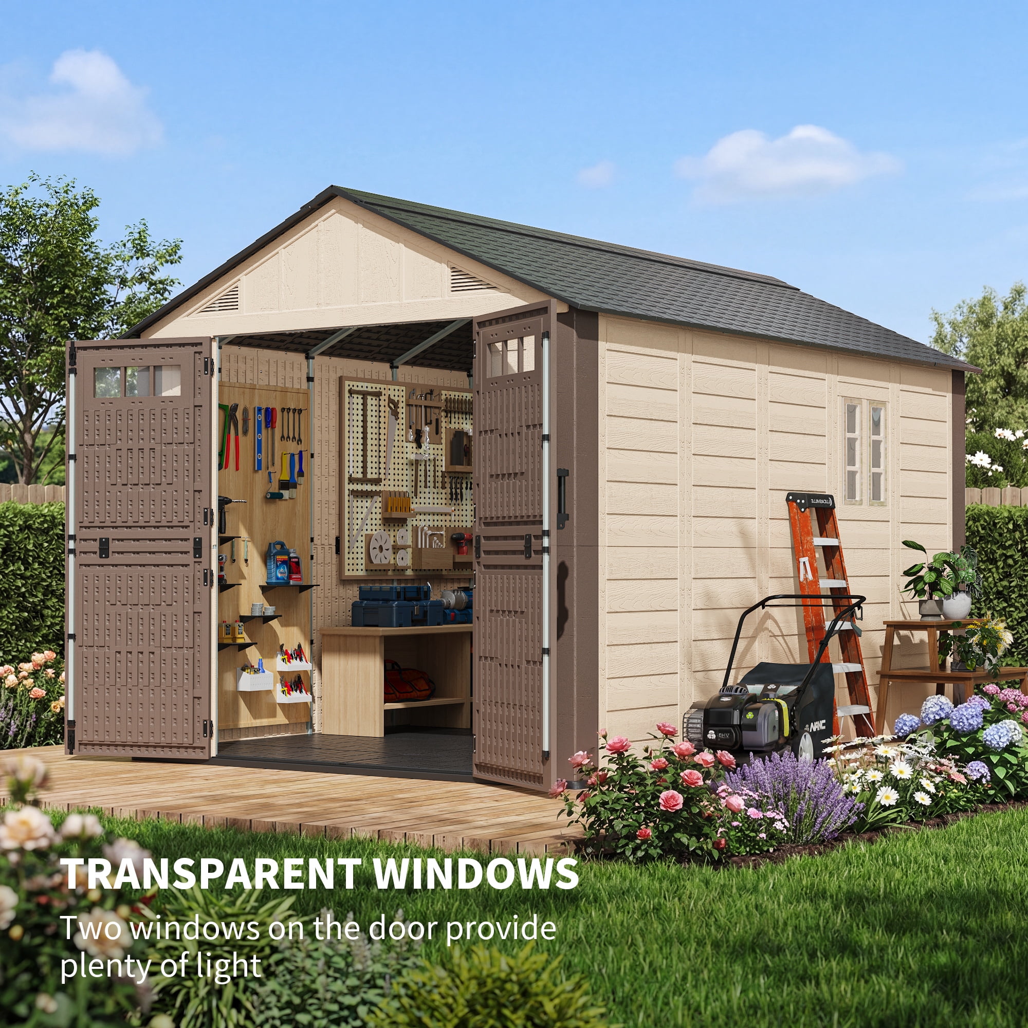 NETAJE Resin Outdoor Storage Shed, Heavy-Duty Weather-Resistant Tool House with Floor, Window, and Vents (Beige & Brown, 8 ft x 12 ft) ckpx1