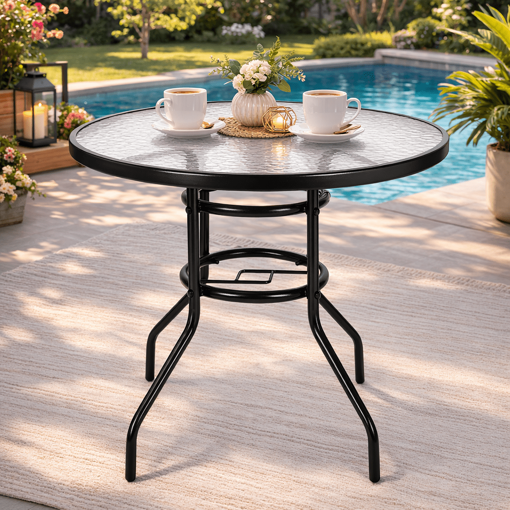 Seizeen Outdoor Patio Dining Table, Round Metal Frame with Glass Top and Umbrella Hole (Black, 30 in) gzjkk