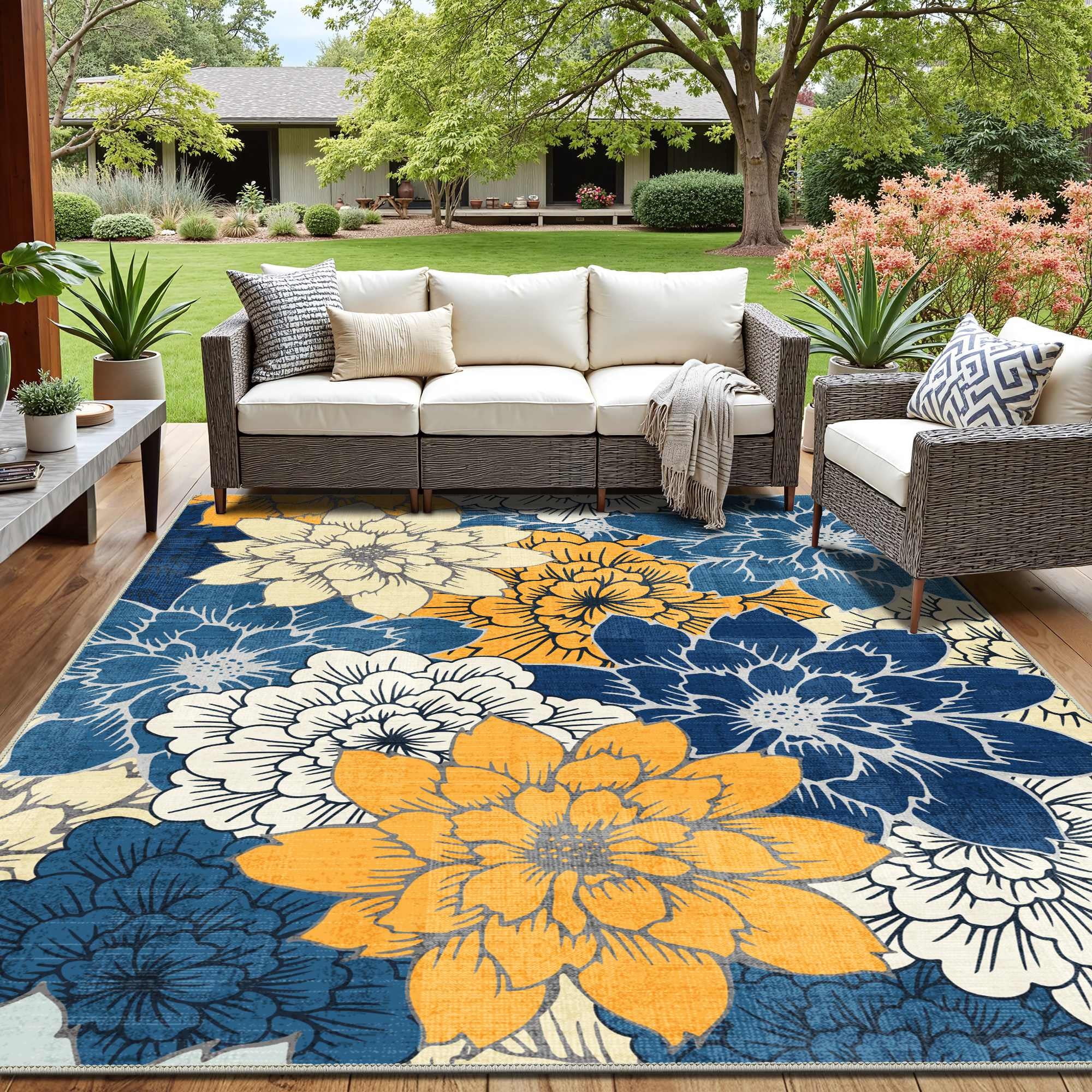 DEORAB Outdoor Rug Chenille Patio Carpet, Non-Slip Waterproof RV Mat for Camping and Garden (Blue, 8 ft x 10 ft) yyw38