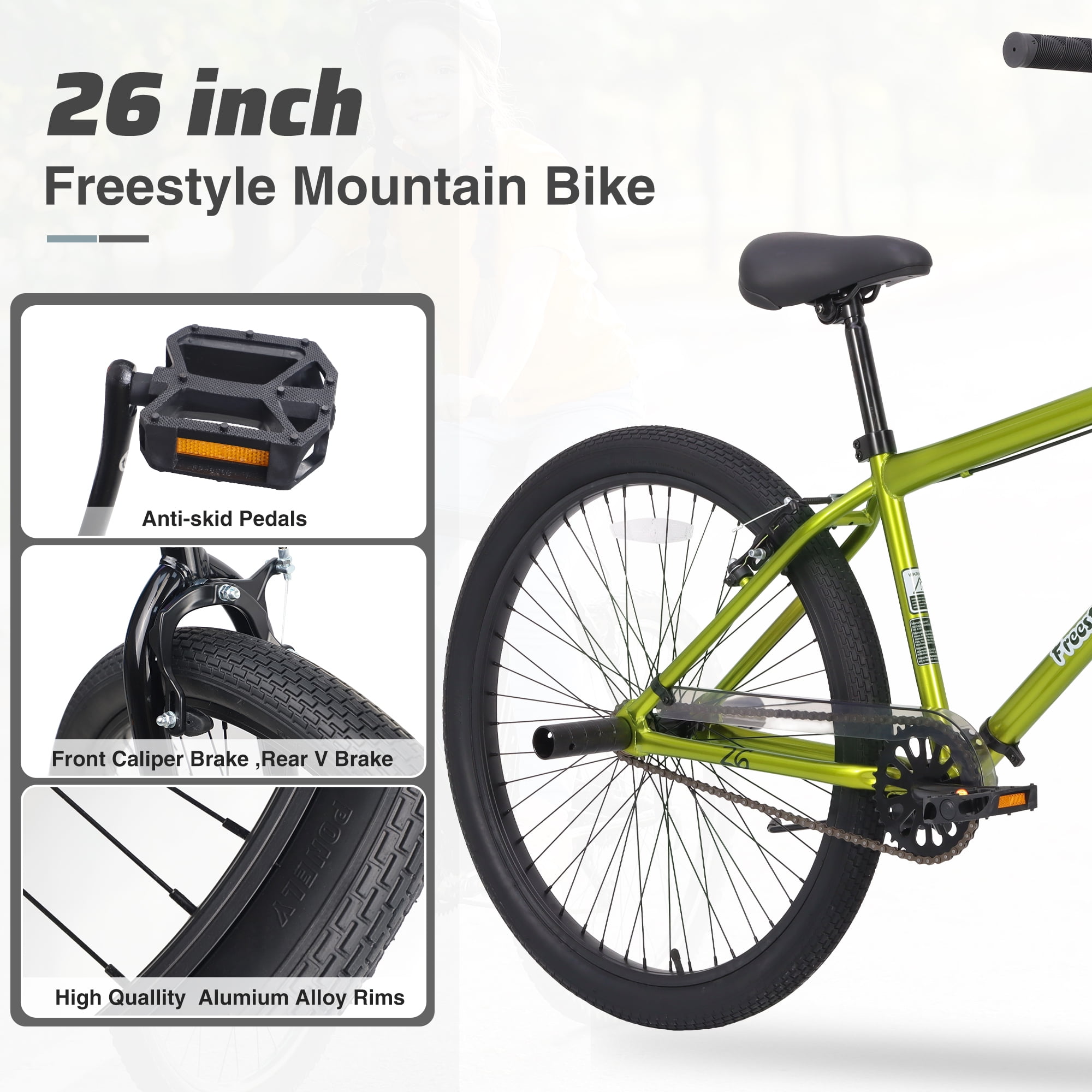 Ecarpat 26 Inch Freestyle Mountain Bike, Single Speed Kids Bicycle with Double Disc Brakes (Green, 26 in) tw87d