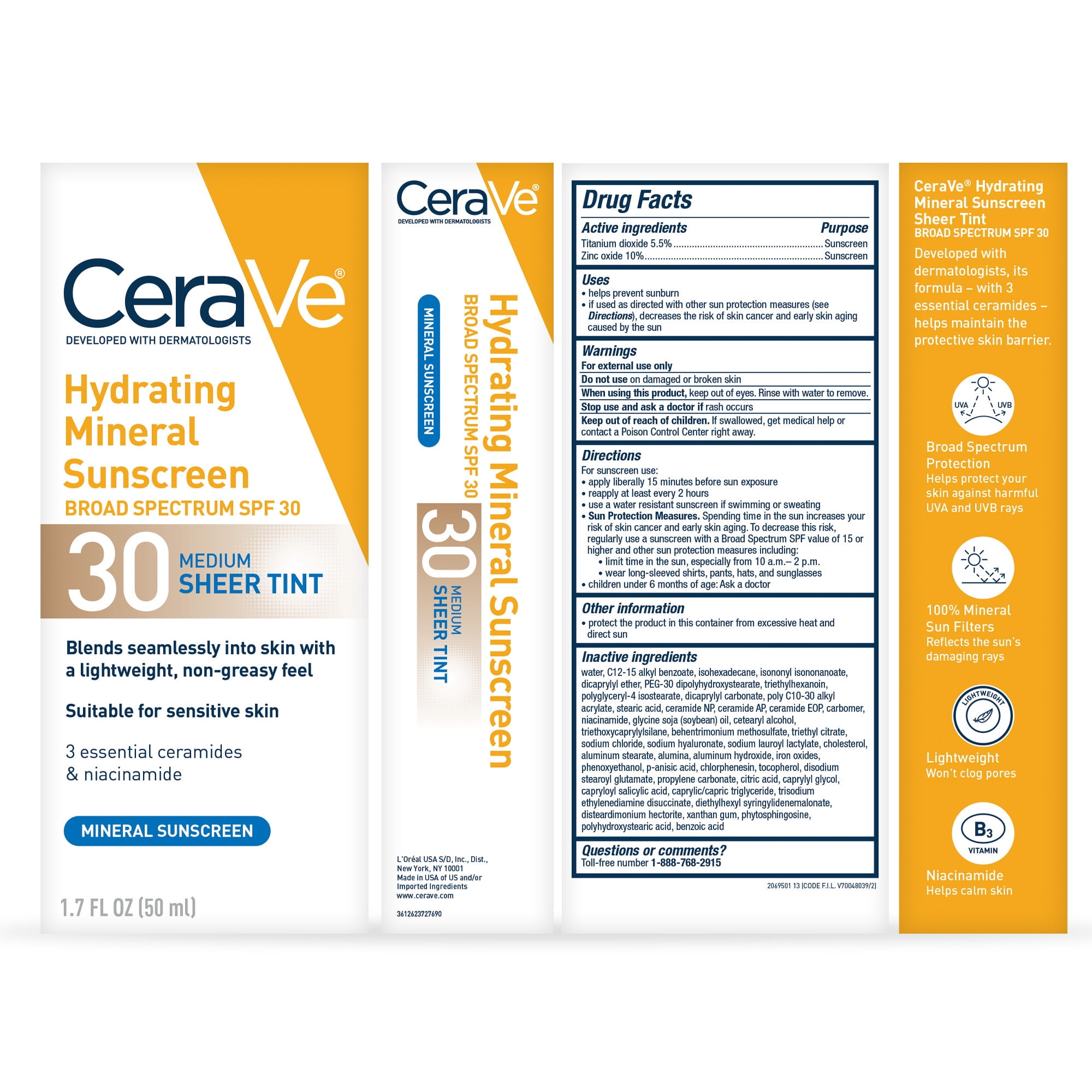 CeraVe Hydrating Mineral Sunscreen SPF 30 Face Lotion with Sheer Tint (Beige, 1.7 fl oz) 20vhv